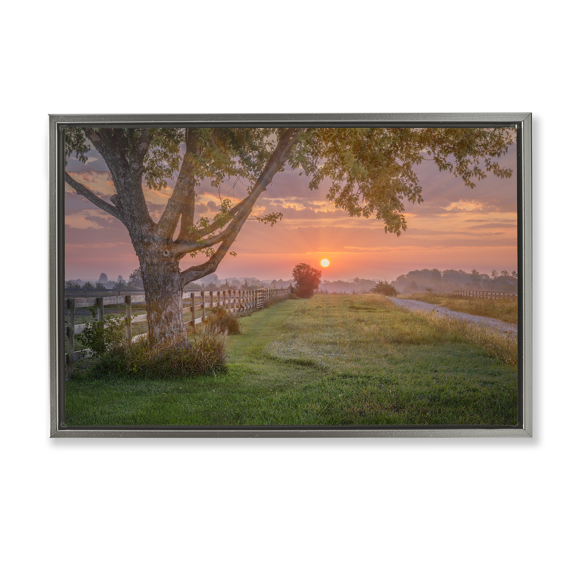 Stupell Industries Bold Sunrise in Countryside Landscape & Nature Photography Gray Floater Framed Canvas Art Print Wall Art, 31 x 21