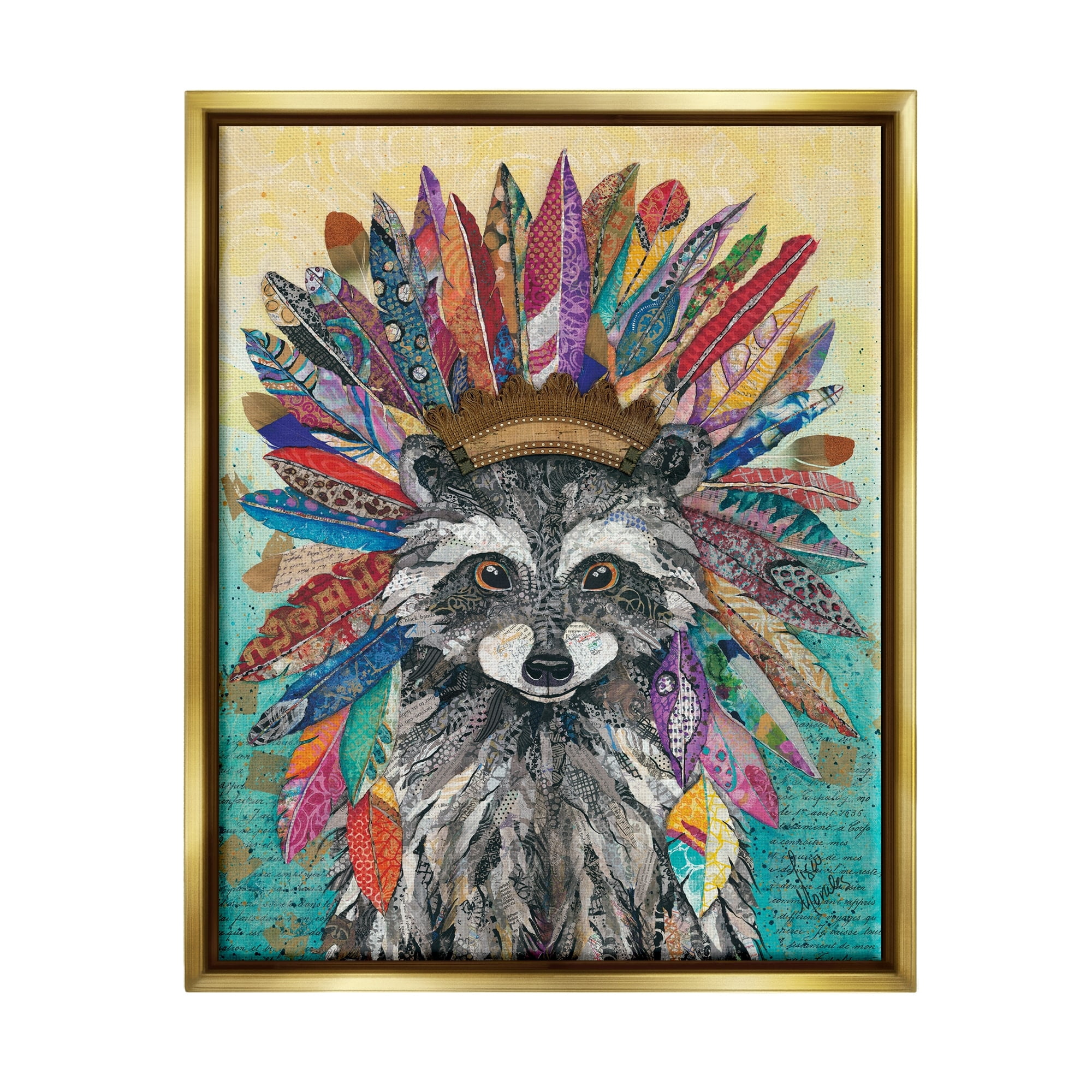 Stupell Industries Bold Tribal Raccoon Mixed Ephemera Collage Painting Painting Metallic Gold Floating Framed Canvas Print Wall Art, Design by Lisa Morales