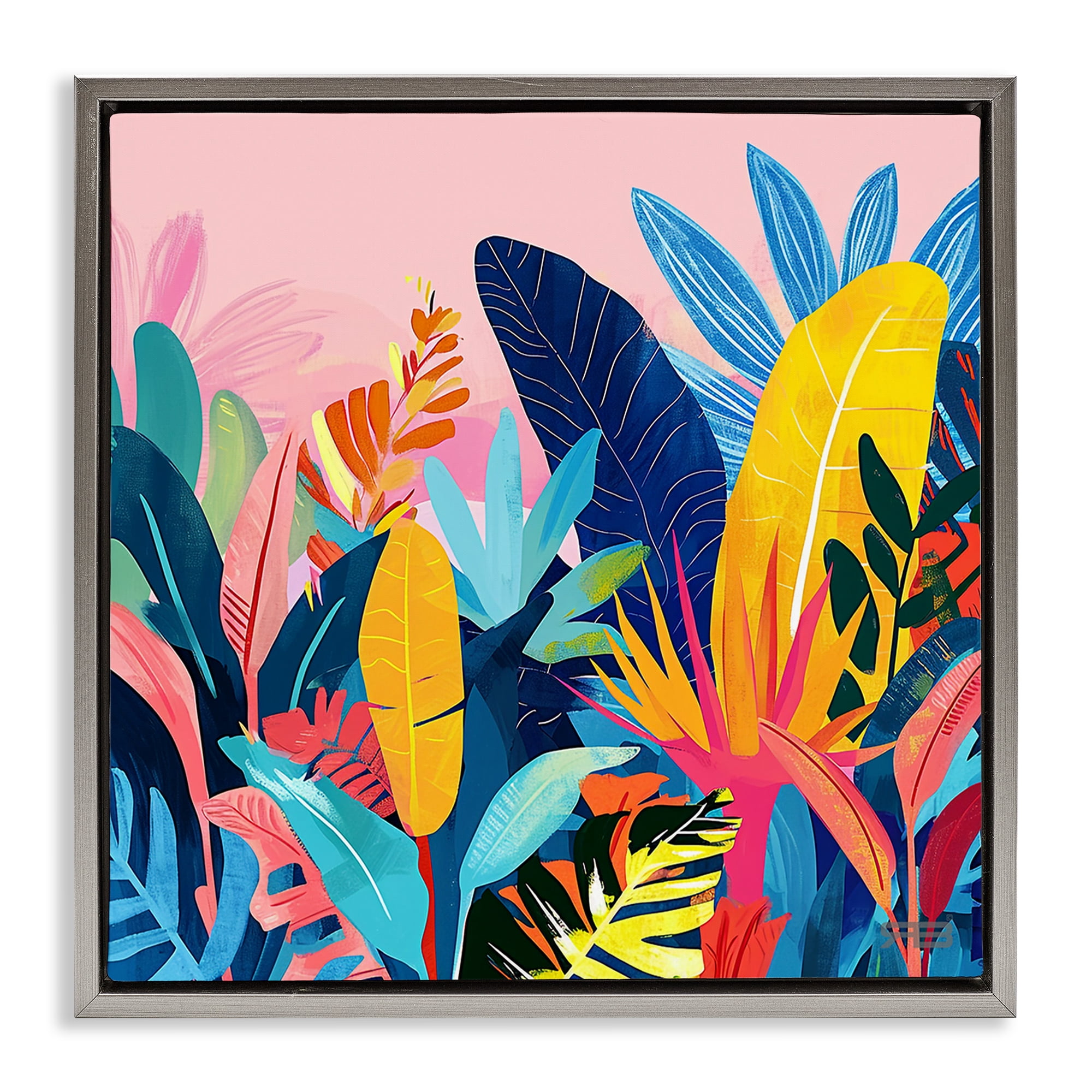 Stupell Industries Bold Tropical Jungle Leaves Botanical & Floral Painting Gray Floater Framed Canvas Art Print Wall Art, 25 x 25