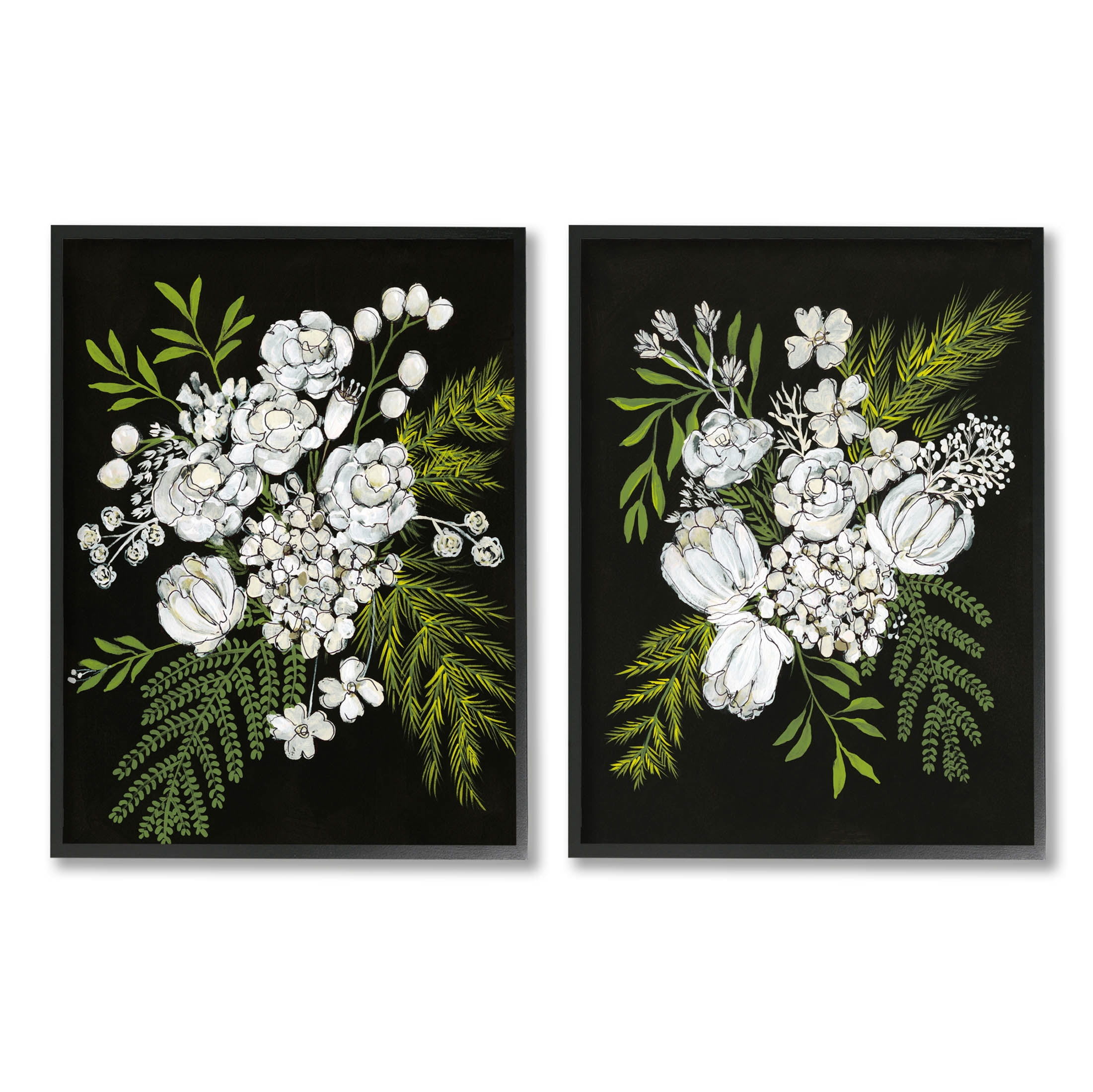 Stupell Industries Bold White Flower Blossoms Graphic Art Black Framed Art Print Wall Art, Set of 2, Design by Regina Moore