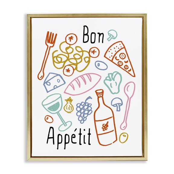 Stupell Industries Bon Appetit Colorful Sketches Gold Framed Floater Canvas Wall Art design by Heather Dutton, 31 x 25