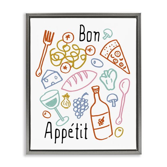 Stupell Industries Bon Appetit Colorful Sketches Gray Framed Floater Canvas Wall Art design by Heather Dutton, 31 x 25