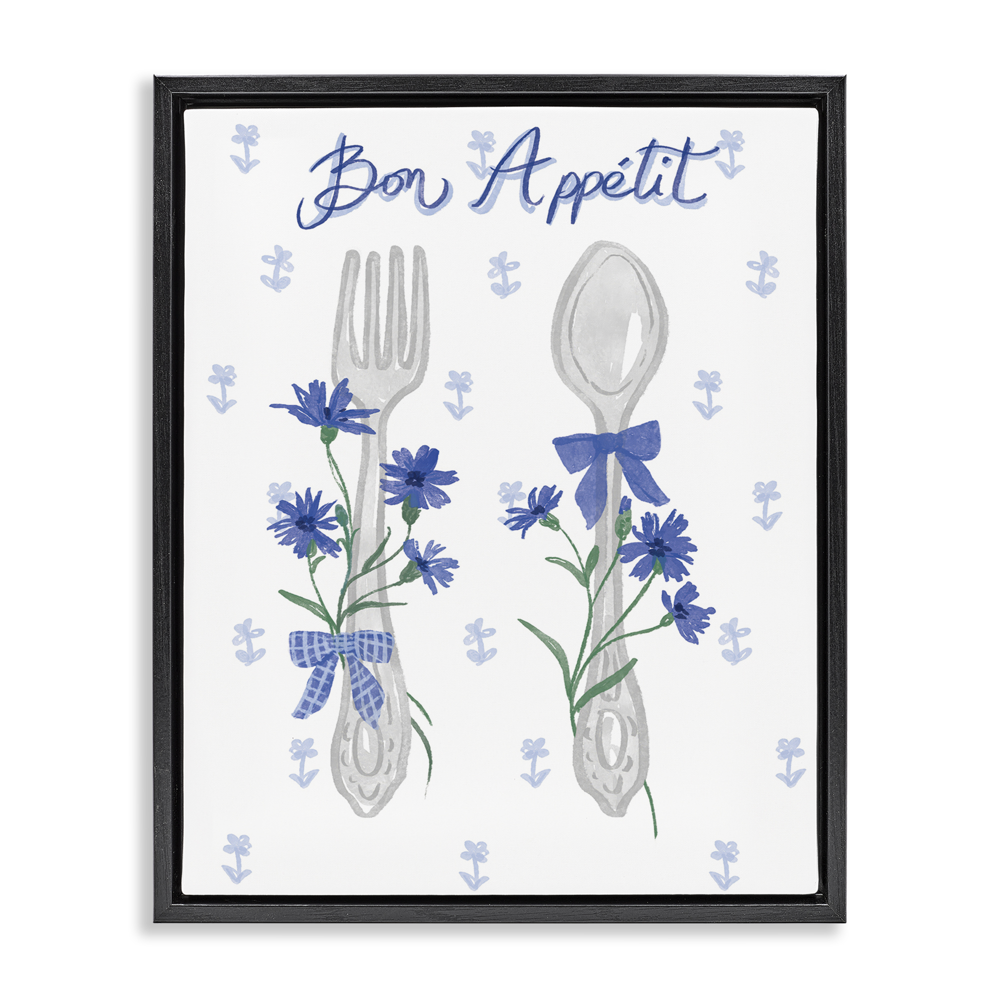 Stupell Industries Bon Appetit Floral Silverware Food & Beverage Painting Black Floater Framed Canvas Art Print Wall Art, 17 x 21