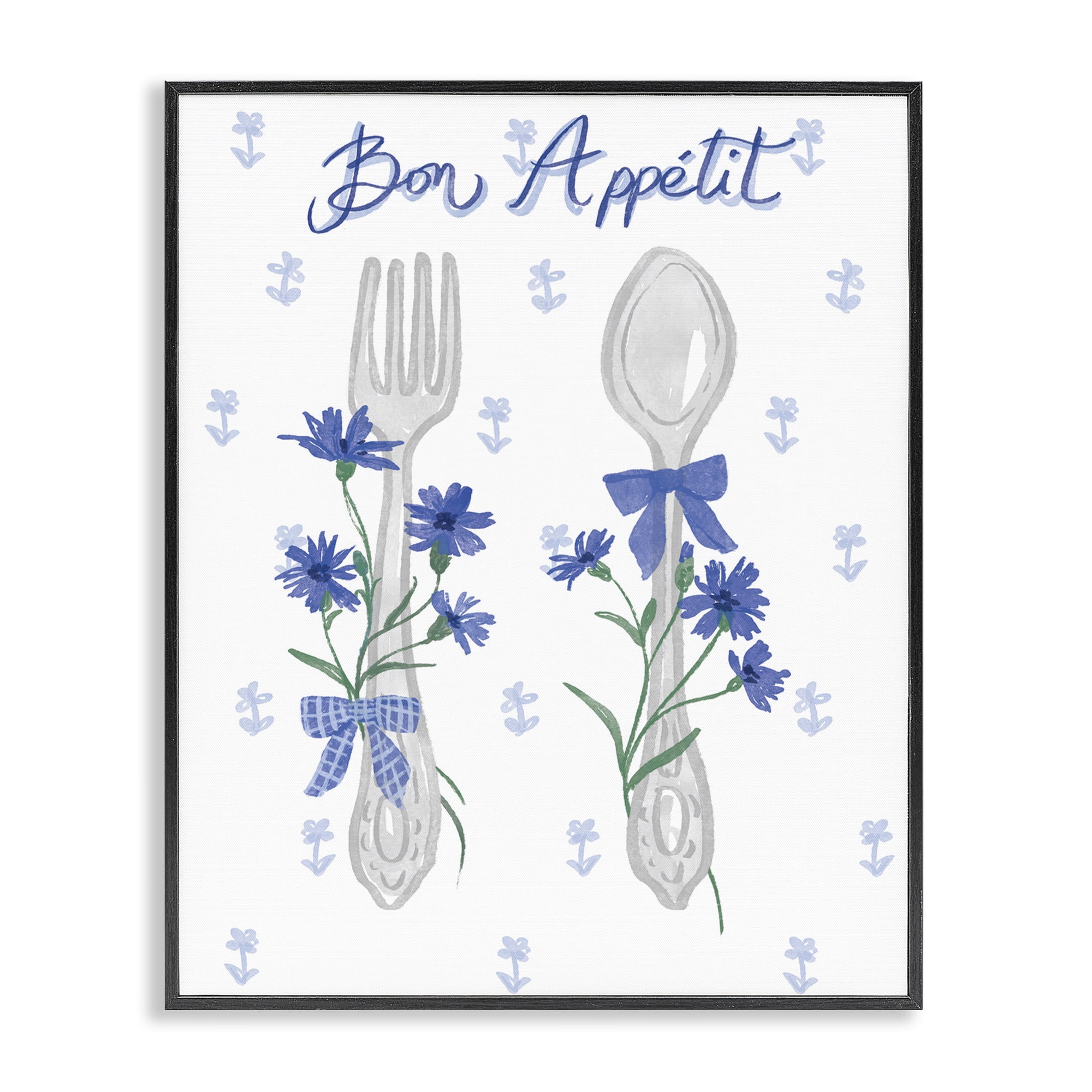 Stupell Industries Bon Appetit Floral Silverware Food & Beverage Painting Black Framed Art Print Wall Art, 11 x 14