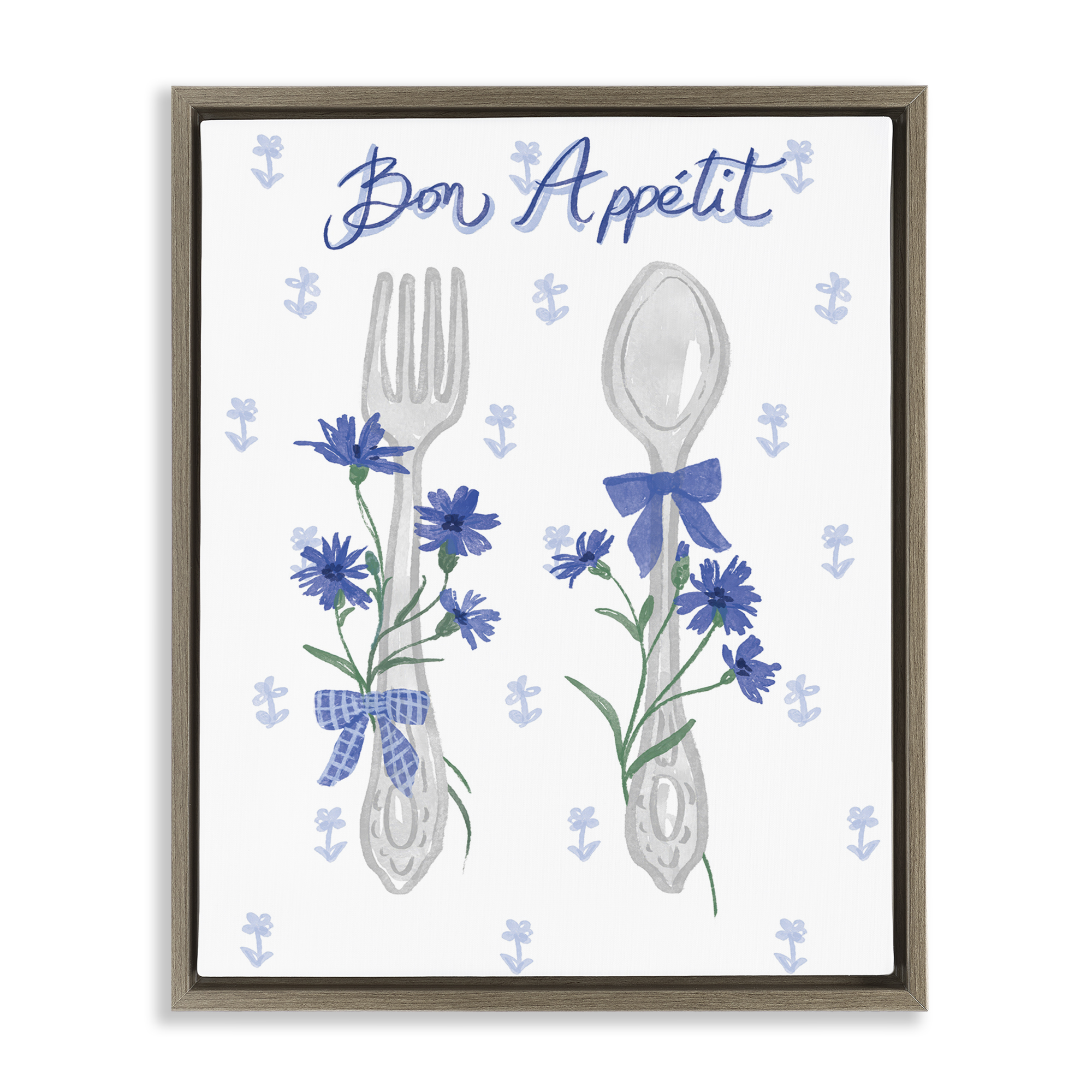 Stupell Industries Bon Appetit Floral Silverware Food & Beverage Painting Brown Floater Framed Canvas Art Print Wall Art, 17 x 21