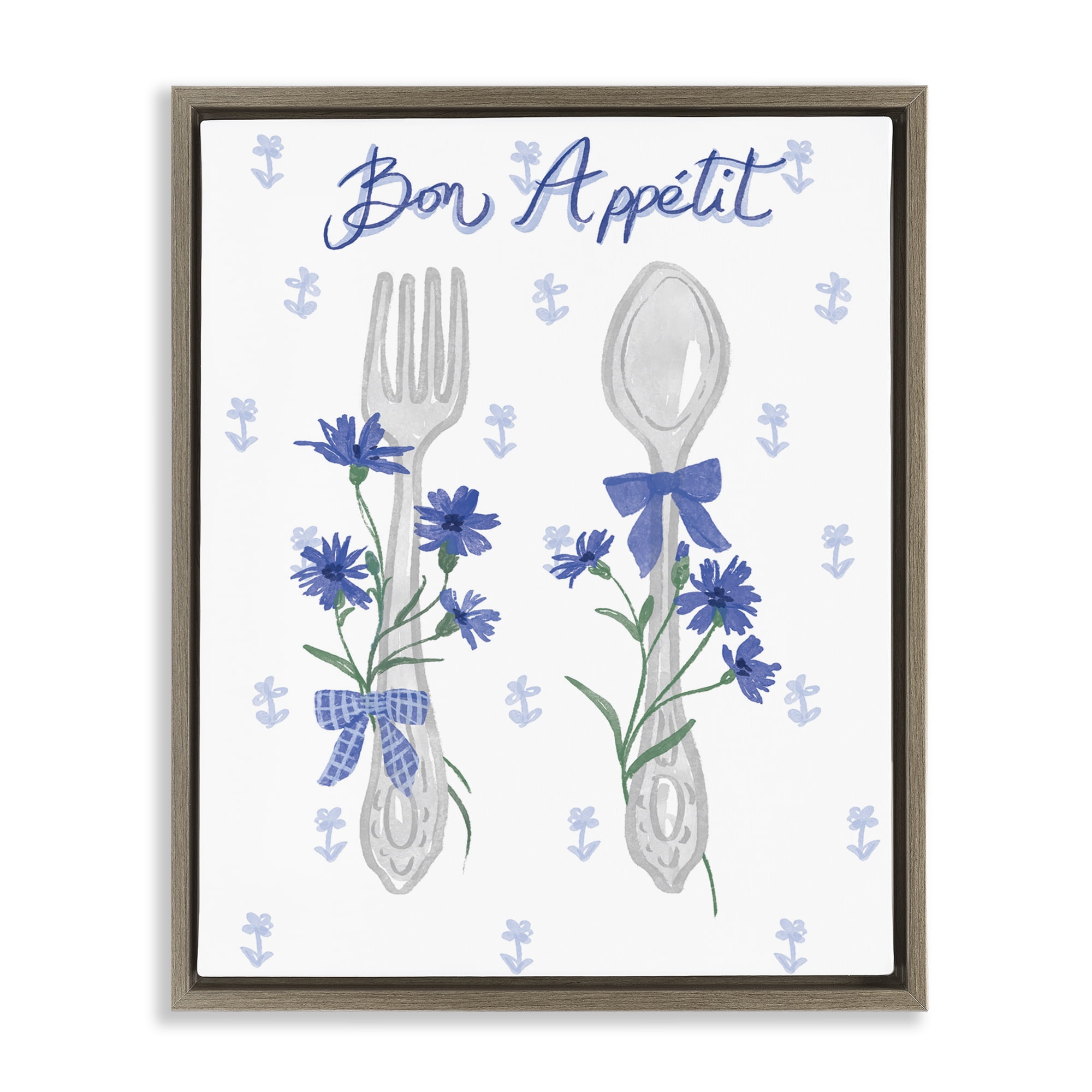 Stupell Industries Bon Appetit Floral Silverware Food & Beverage Painting Brown Floater Framed Canvas Art Print Wall Art, 25 x 31