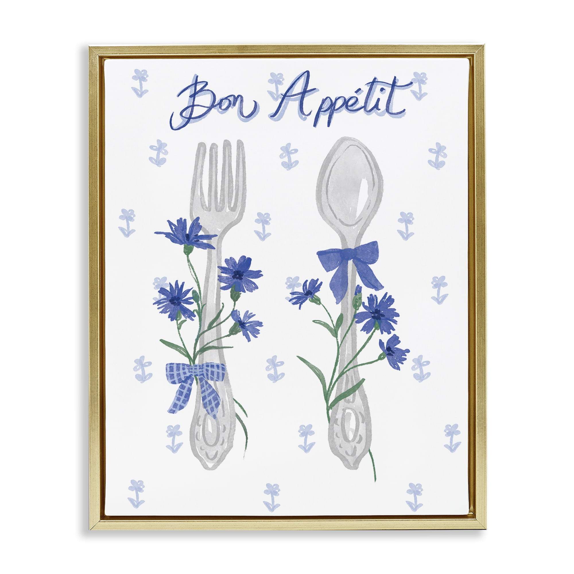 Stupell Industries Bon Appetit Floral Silverware Food & Beverage Painting Gold Floater Framed Canvas Art Print Wall Art, 25 x 31
