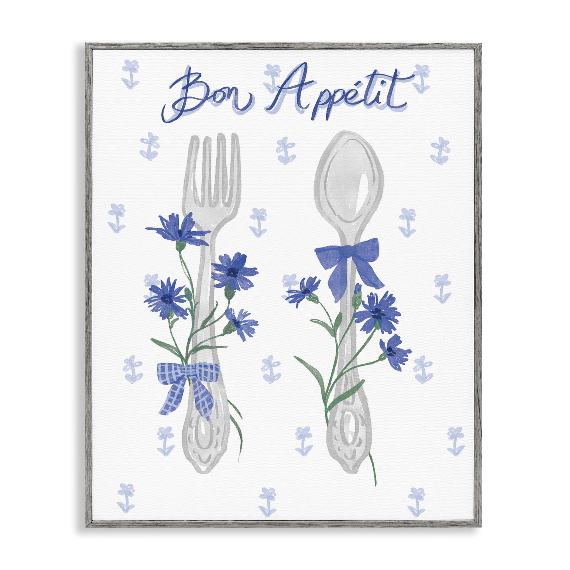 Stupell Industries Bon Appetit Floral Silverware Food & Beverage Painting Gray Framed Art Print Wall Art, 11 x 14