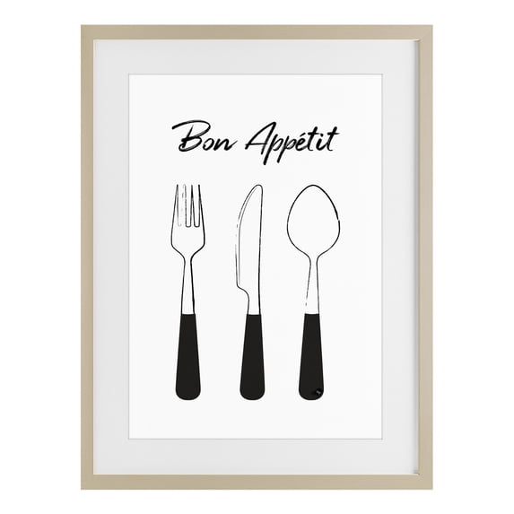 Stupell Industries Contemporary Bon Appetit Fork Knife Spoon Birch Framed Print Under Glass, 14 x 20, by Martina Pavlova