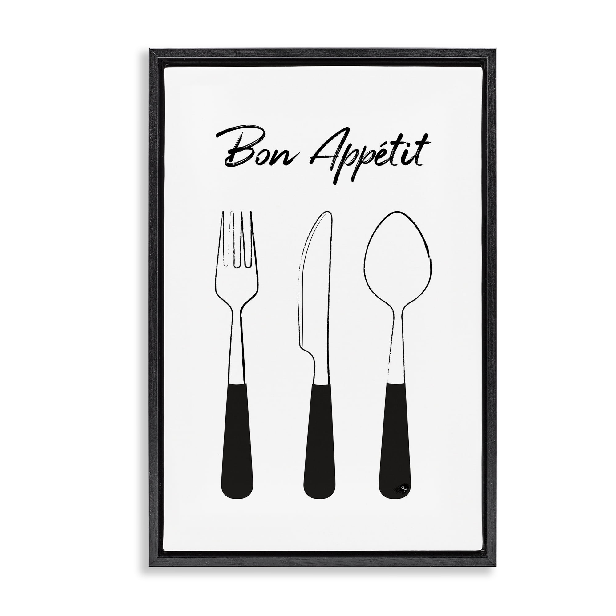 Stupell Industries Bon Appetit Fork Knife Spoon Black Framed Floater Canvas Wall Art, design by Martina Pavlova