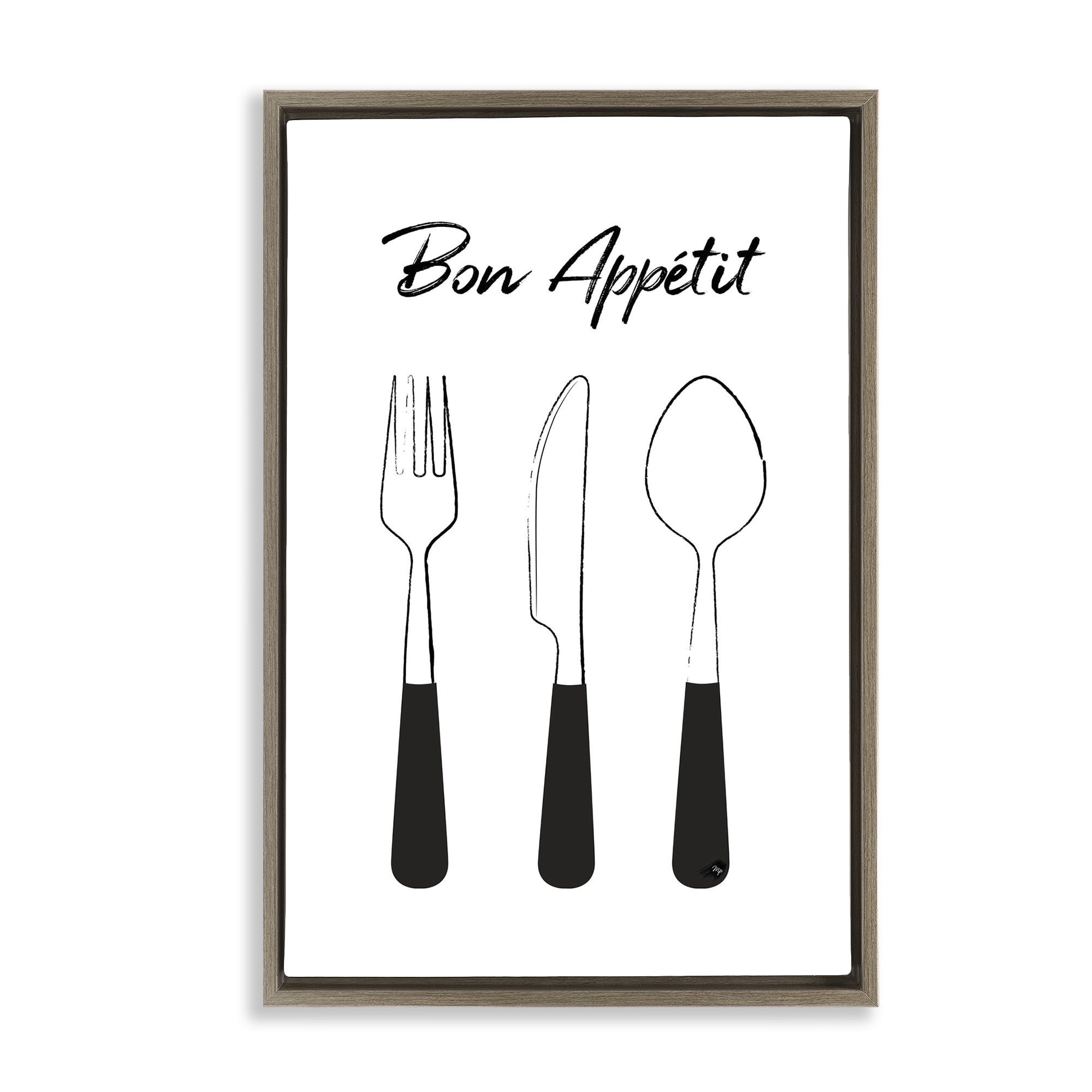 Stupell Industries Bon Appetit Fork Knife Spoon Brown Framed Floater Canvas Wall Art, design by Martina Pavlova