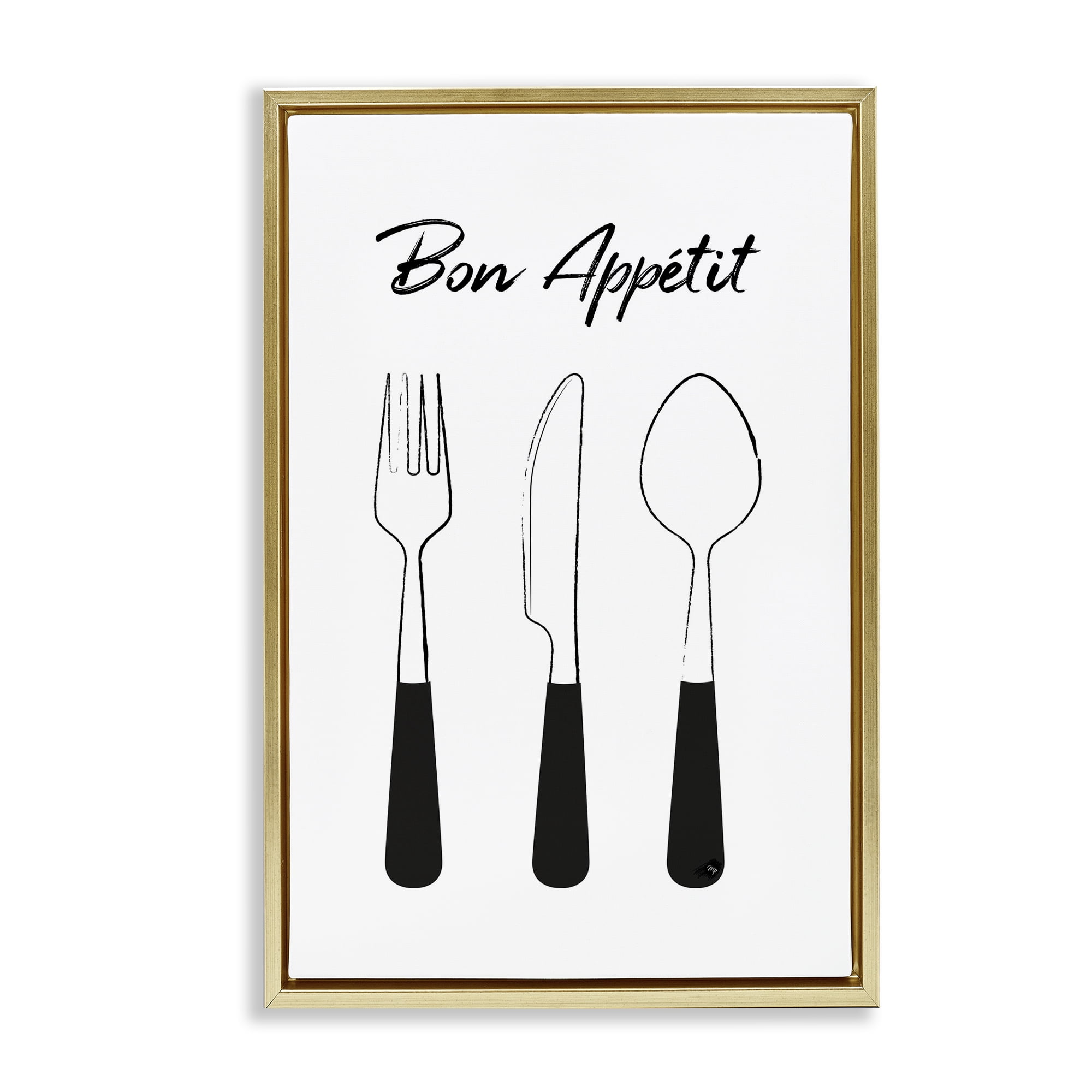 Stupell Industries Bon Appetit Fork Knife Spoon Gold Framed Floater Canvas Wall Art, design by Martina Pavlova