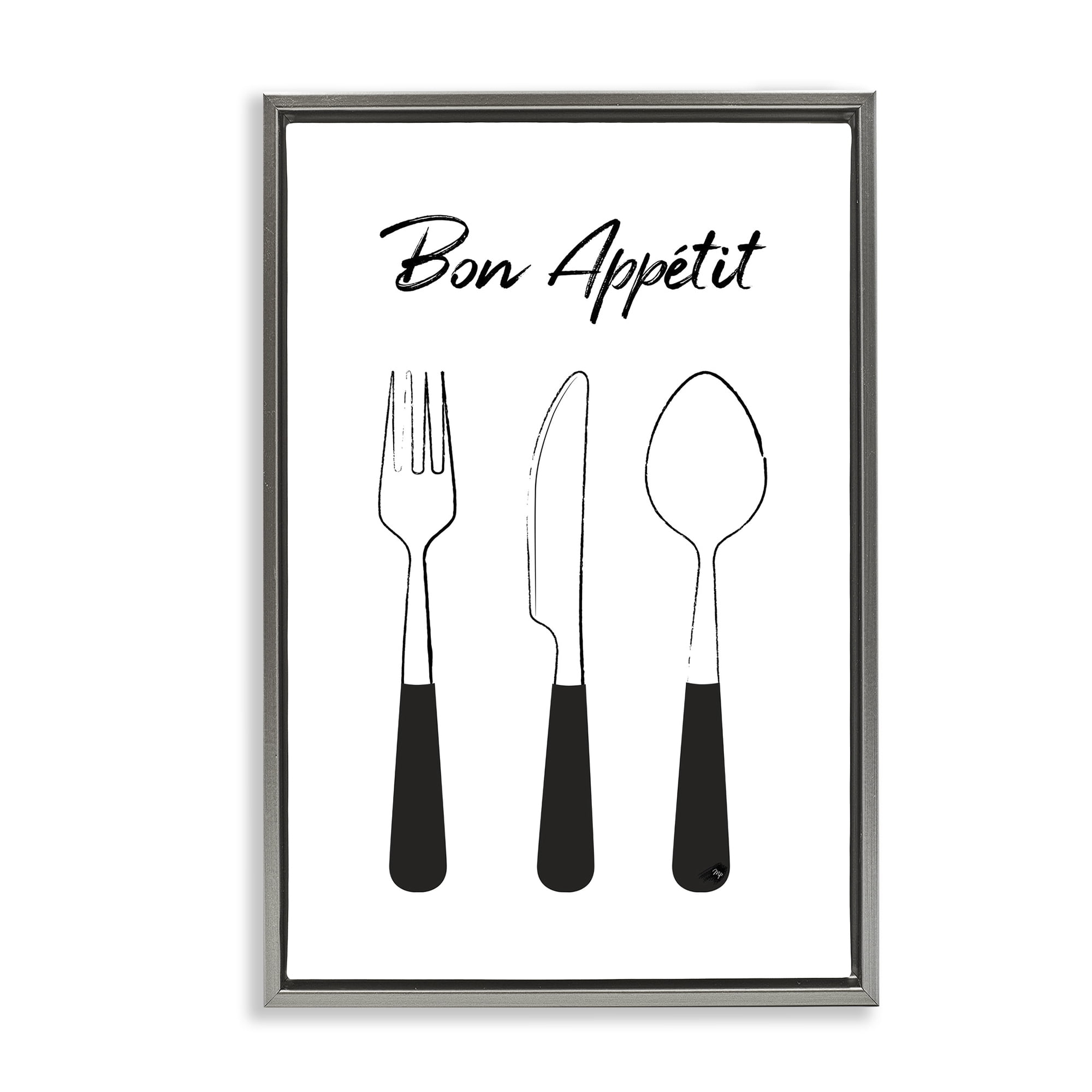 Stupell Industries Bon Appetit Fork Knife Spoon Gray Framed Floater Canvas Wall Art, design by Martina Pavlova