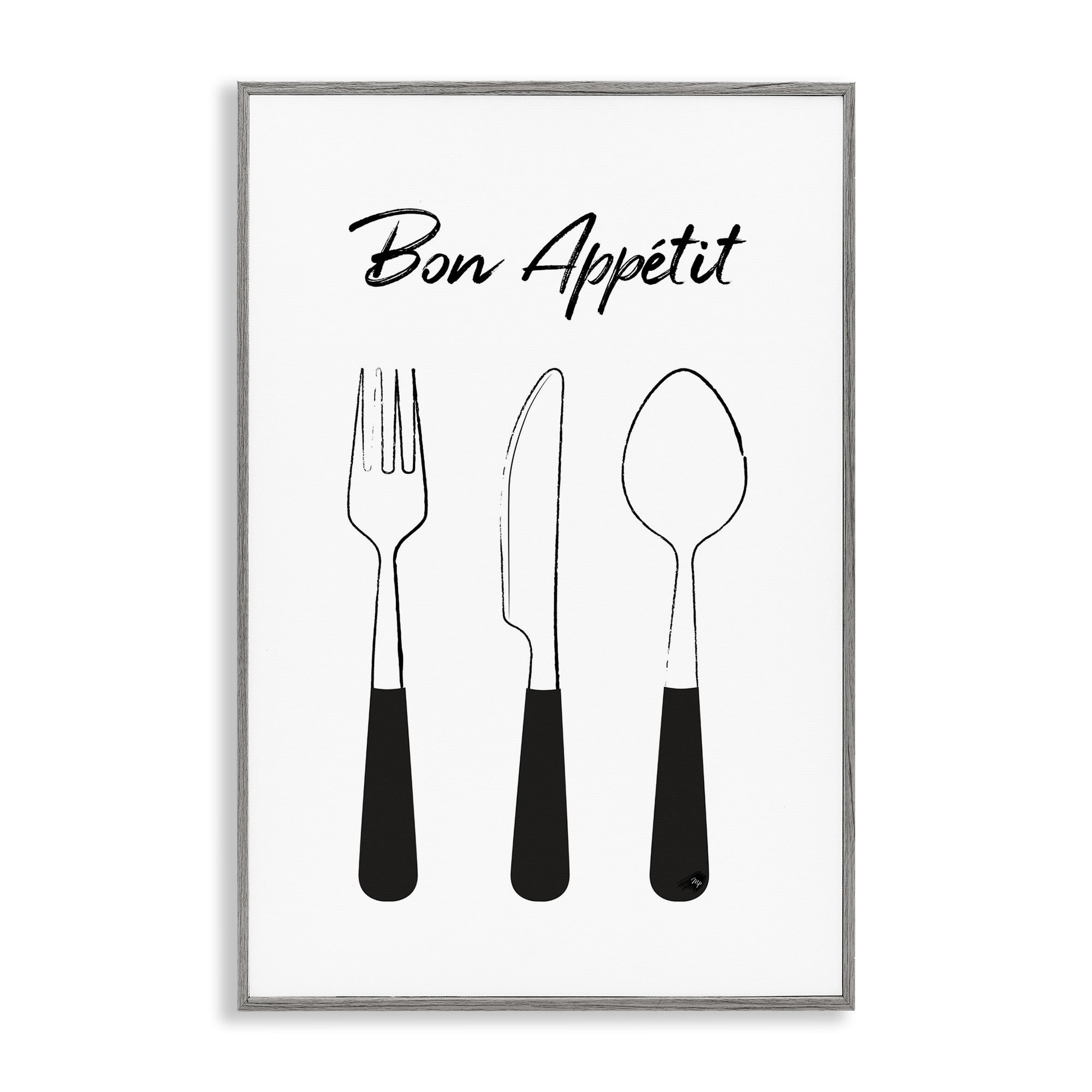 Stupell Industries Bon Appetit Fork Knife Spoon Gray Framed Giclee Art, design by Martina Pavlova
