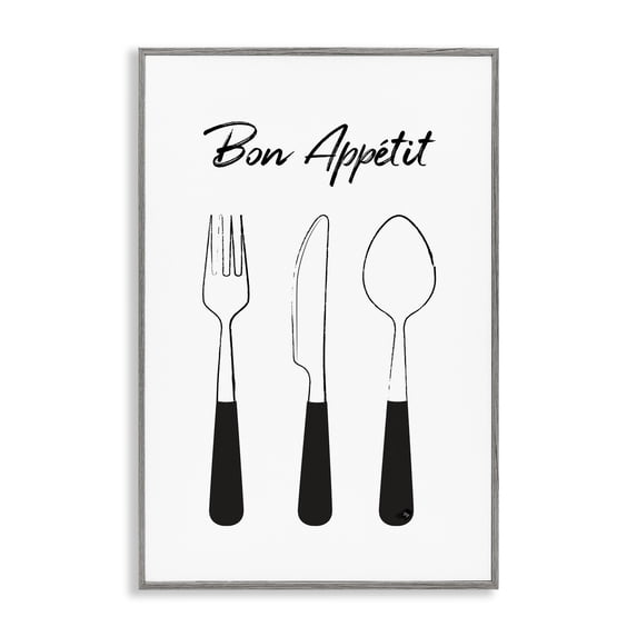 Stupell Industries Contemporary Bon Appetit Fork Knife Spoon Gray Framed Giclee Art, 20 x 30, by Martina Pavlova