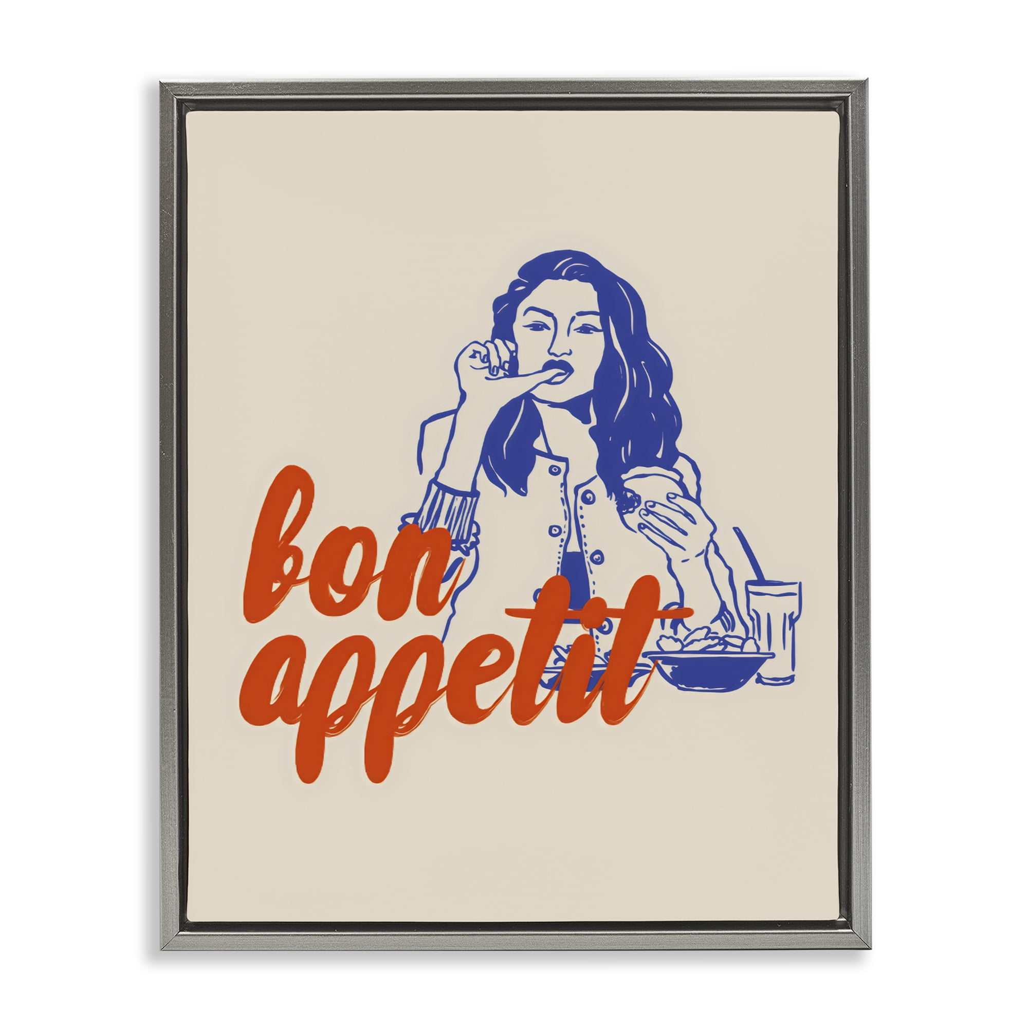 Stupell Industries Bon Appetit Woman Enjoying Meal Gray Framed Floater Canvas Wall Art, design by The Prints Vibe