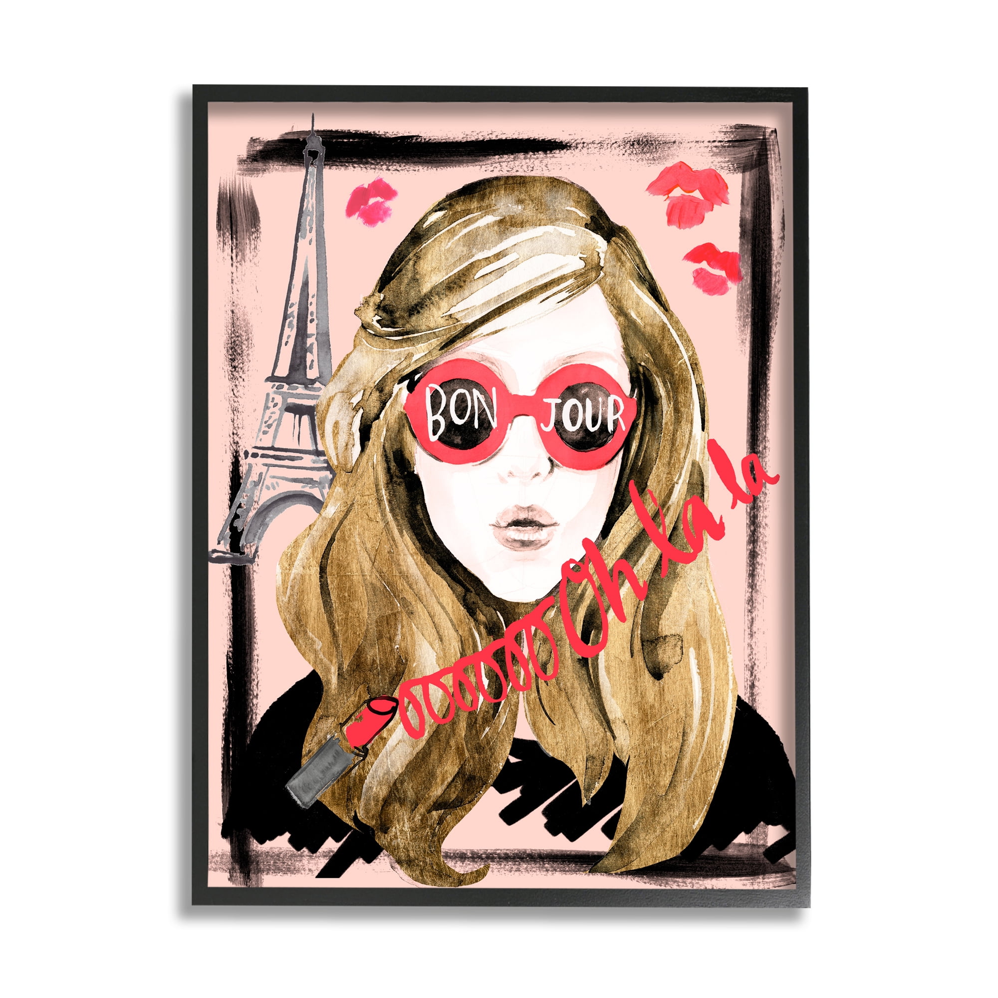 Stupell Industries Bon Jour Greeting Red Shades Glam Parisian Woman Beauty & Fashion Painting Black Framed Art Print Wall Art, 11 x 14