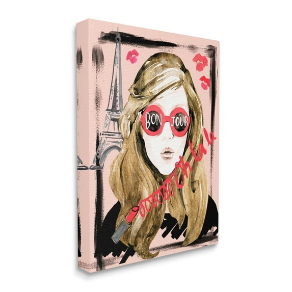 Stupell Industries Bon Jour Greeting Red Shades Glam Parisian Woman Beauty & Fashion Painting Gallery Wrapped Canvas Print Wall Art, 30 x 40