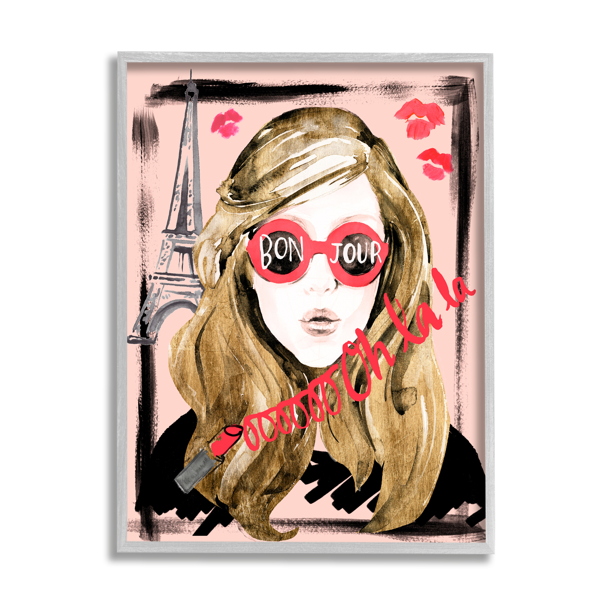 Stupell Industries Bon Jour Greeting Red Shades Glam Parisian Woman Beauty & Fashion Painting Gray Framed Art Print Wall Art, 11 x 14