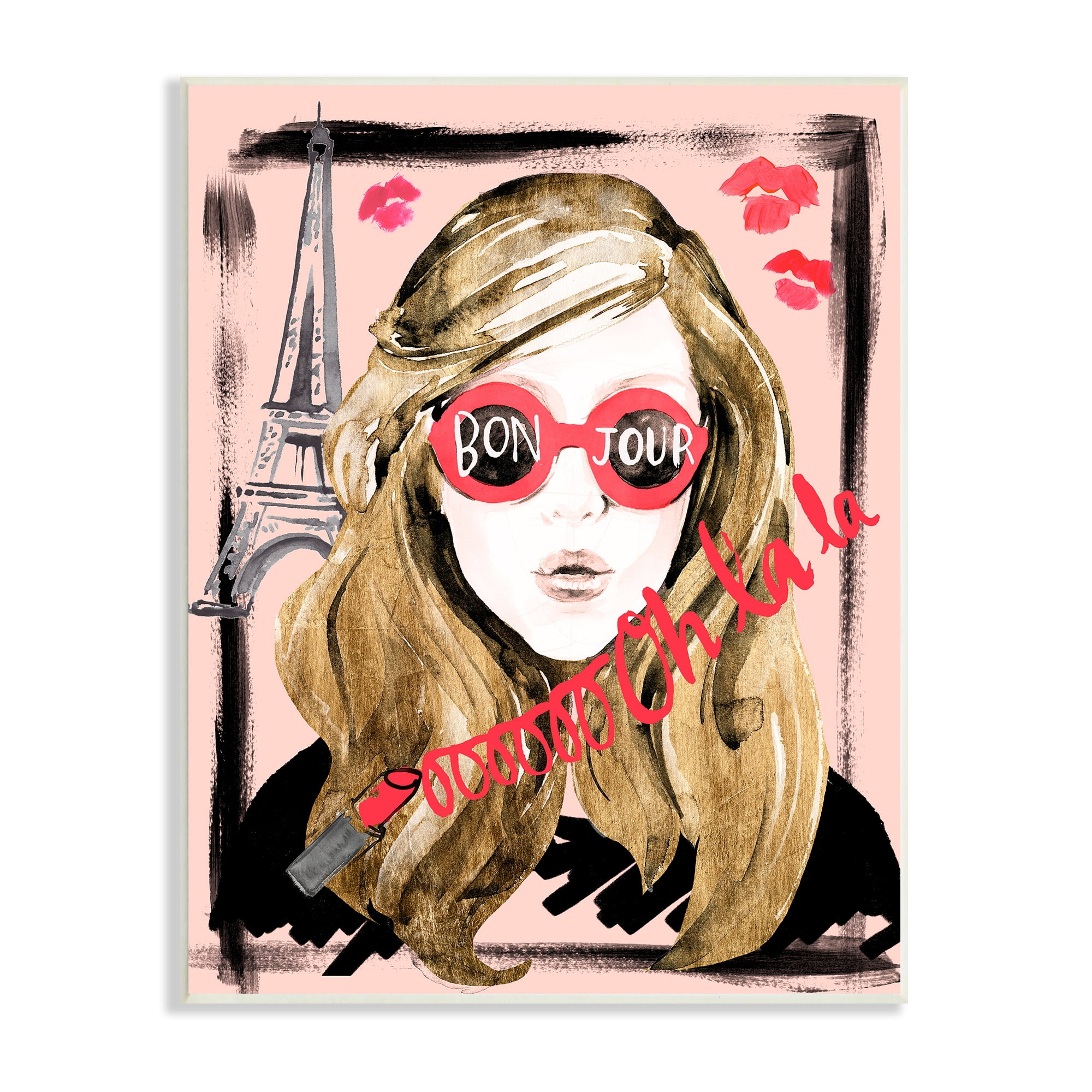 Stupell Industries Bon Jour Greeting Red Shades Glam Parisian Woman Beauty & Fashion Painting Unframed Art Print Wall Art, 13 x 19