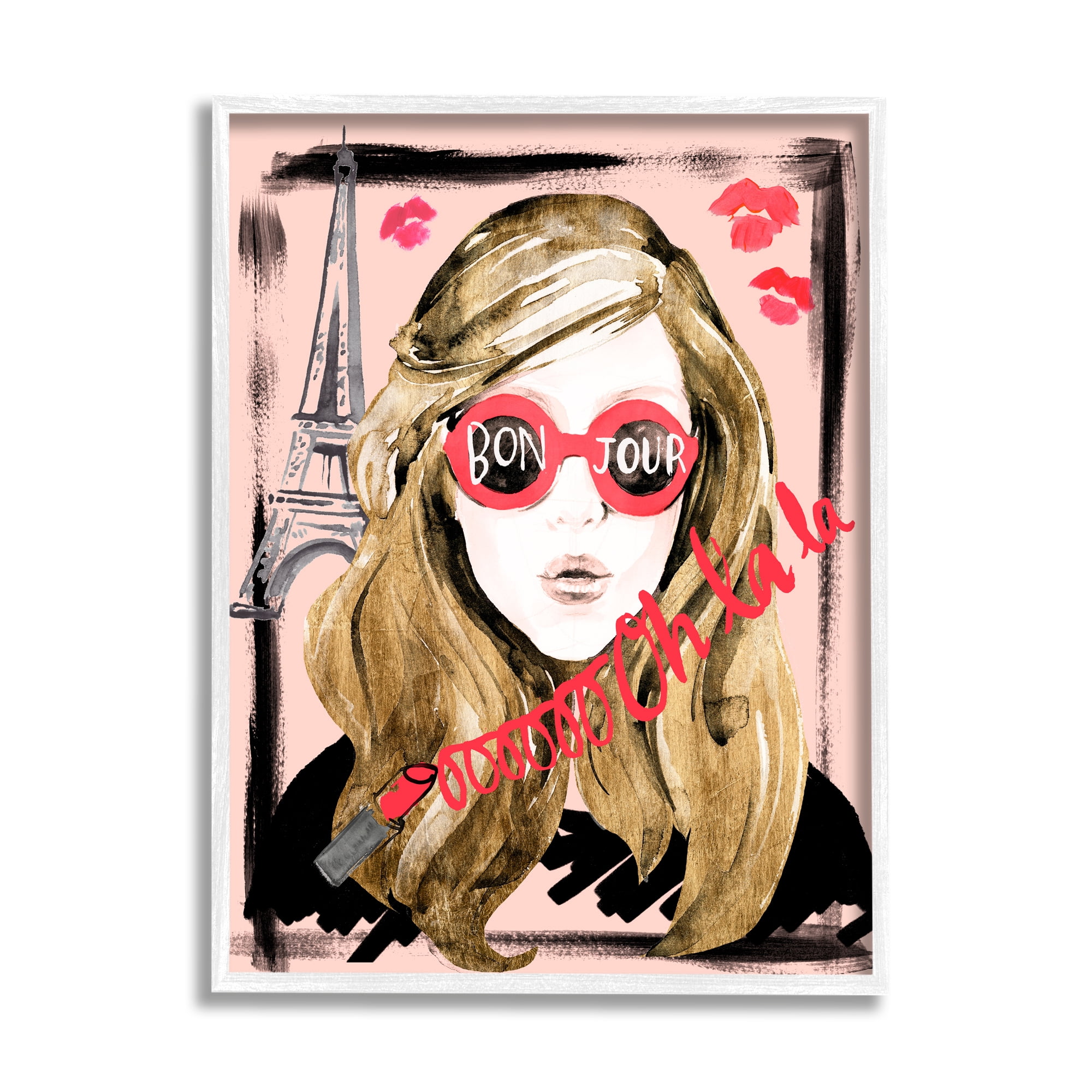 Stupell Industries Bon Jour Greeting Red Shades Glam Parisian Woman Glam Painting White Framed Art Print Wall Art, 24 x 30, Design by Jennifer Parker