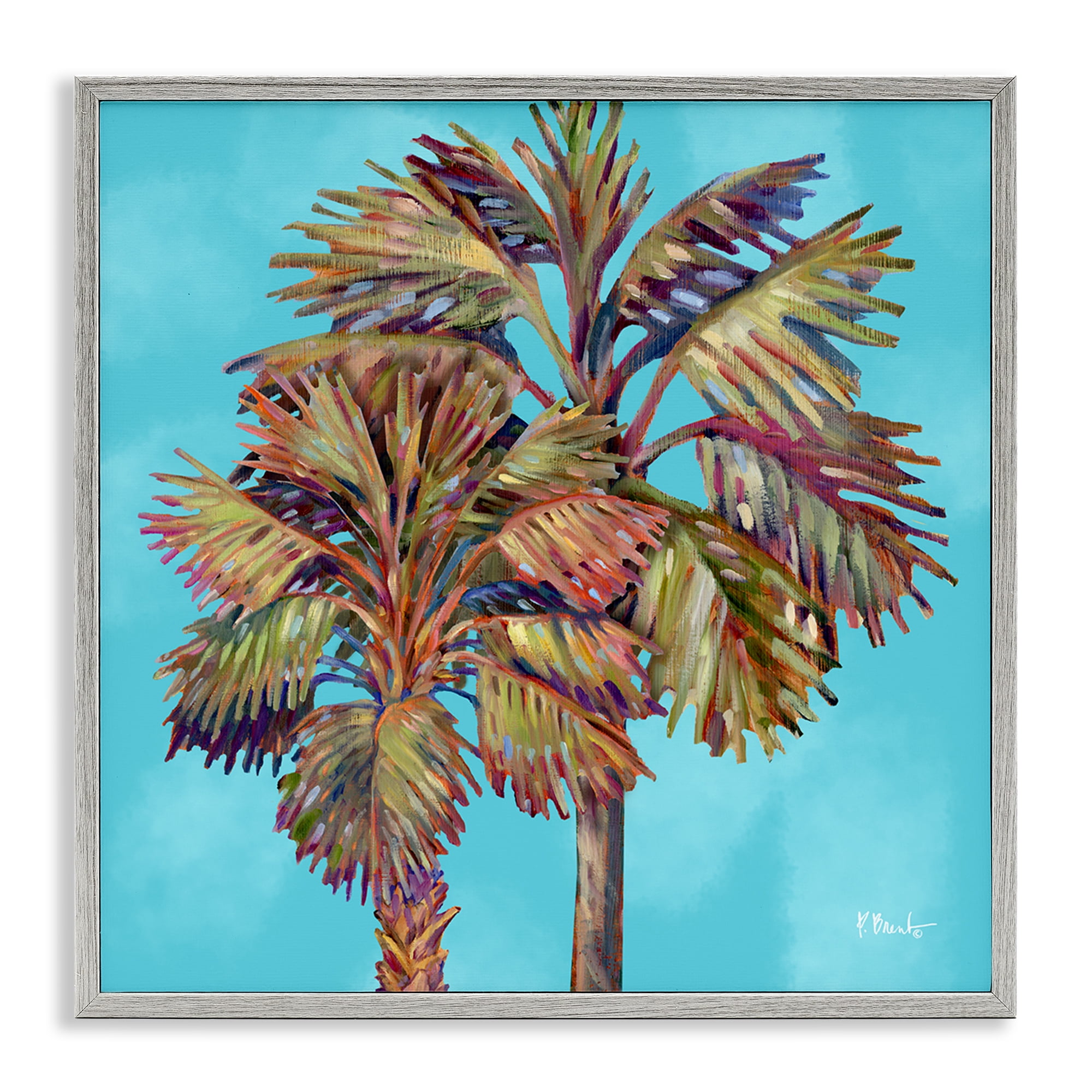 Stupell Industries Bondi Palms on Blue Plants & Flowers Painting Gray Framed Art Print Wall Art, 12 x 12