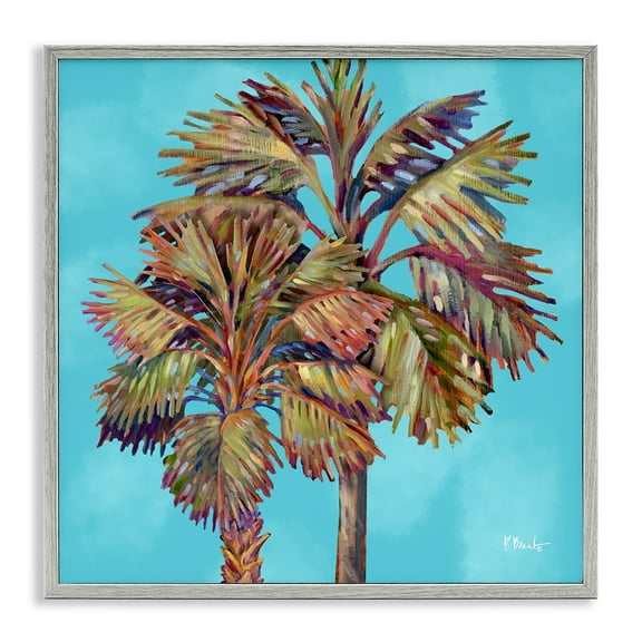 Stupell Industries Bondi Palms on Blue Plants & Flowers Painting Gray Framed Art Print Wall Art, 17 x 17