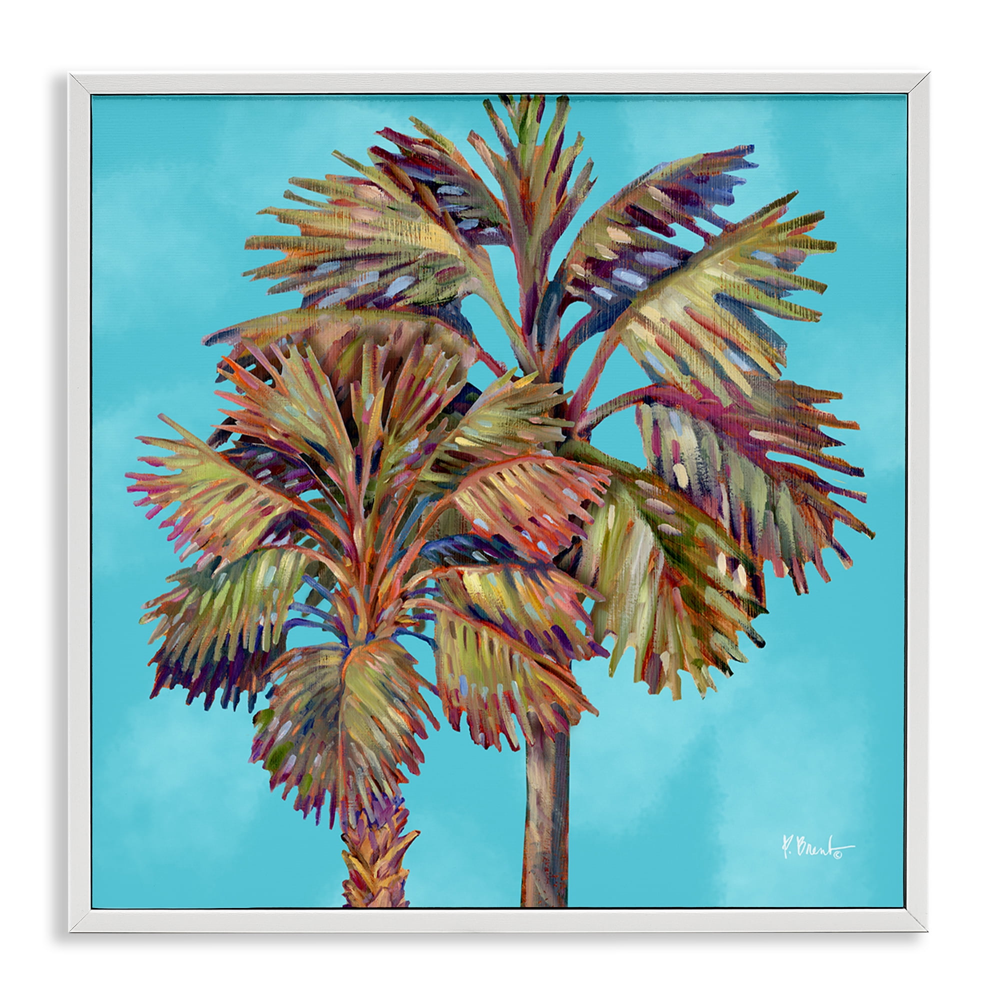 Stupell Industries Bondi Palms on Blue Plants & Flowers Painting White Framed Art Print Wall Art, 12 x 12