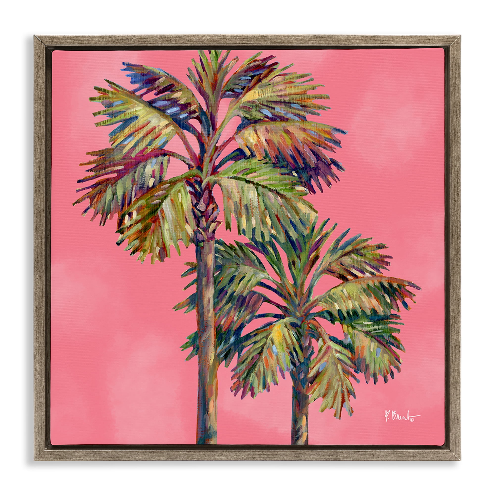Stupell Industries Bondi Palms on Pink Plants & Flowers Painting Brown Floater Framed Canvas Art Print Wall Art, 25 x 25