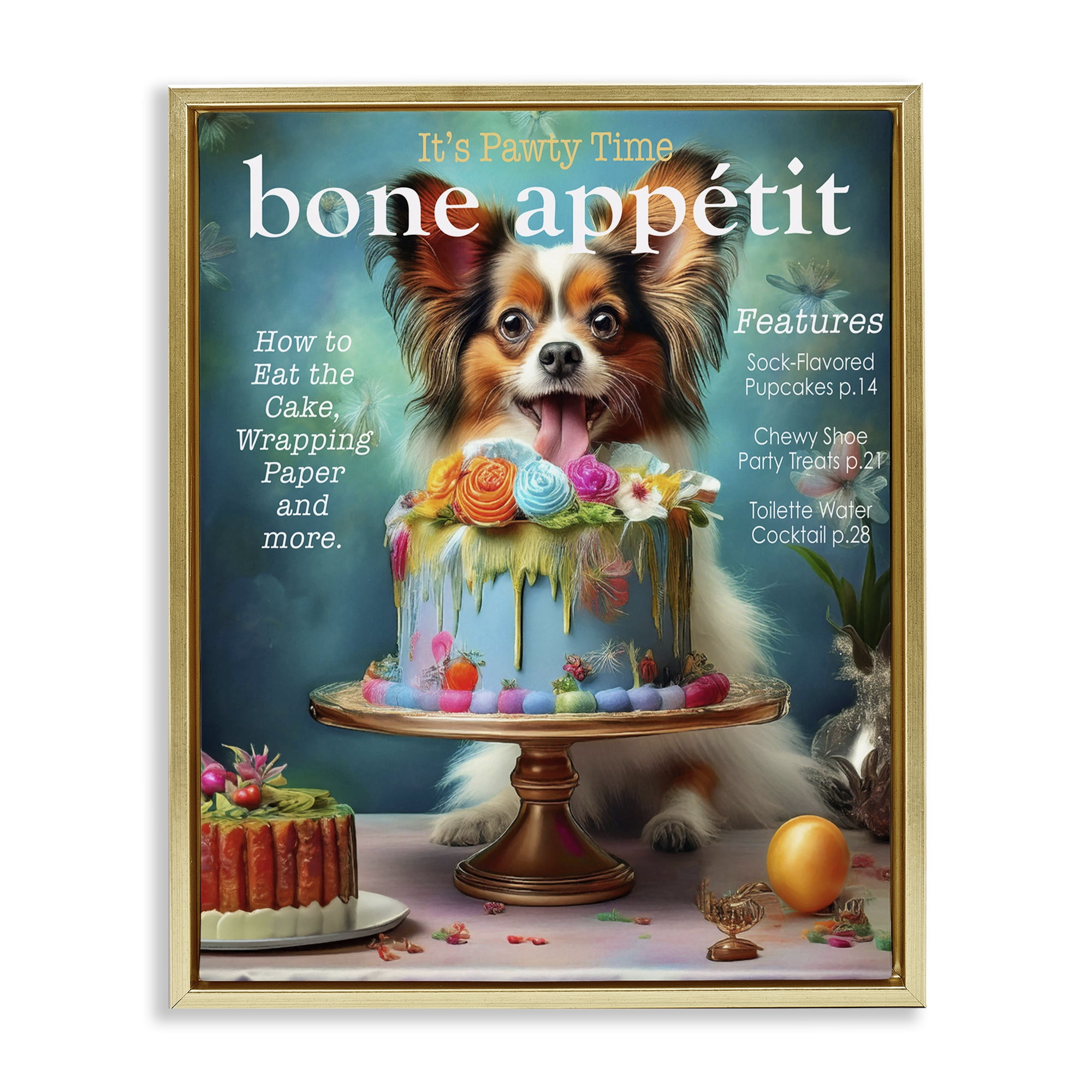 Stupell Industries Bone Appetit Dog Magazine Parody Gold Framed Floater Canvas Wall Art, design by Grotto Studios