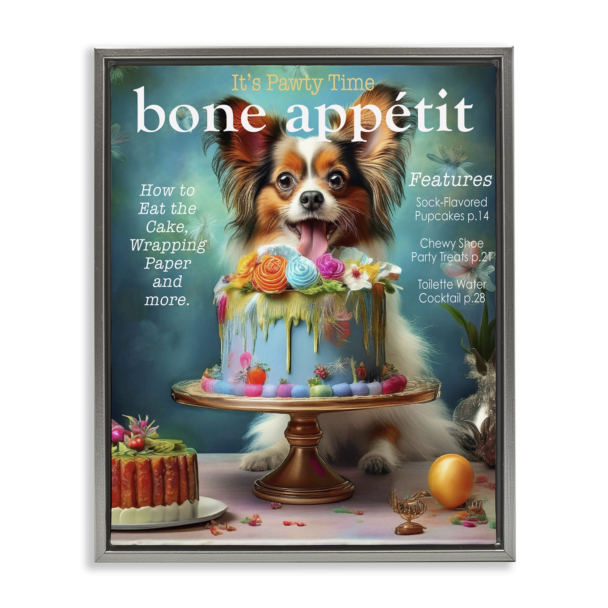 Stupell Industries Bone Appetit Dog Magazine Parody Gray Framed Floater Canvas Wall Art, design by Grotto Studios