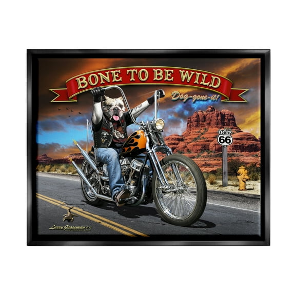 Stupell Industries Bone Wild Motorcycle Dog Transportation Painting Black Floater Framed Canvas Art Print Wall Art, 21 x 17