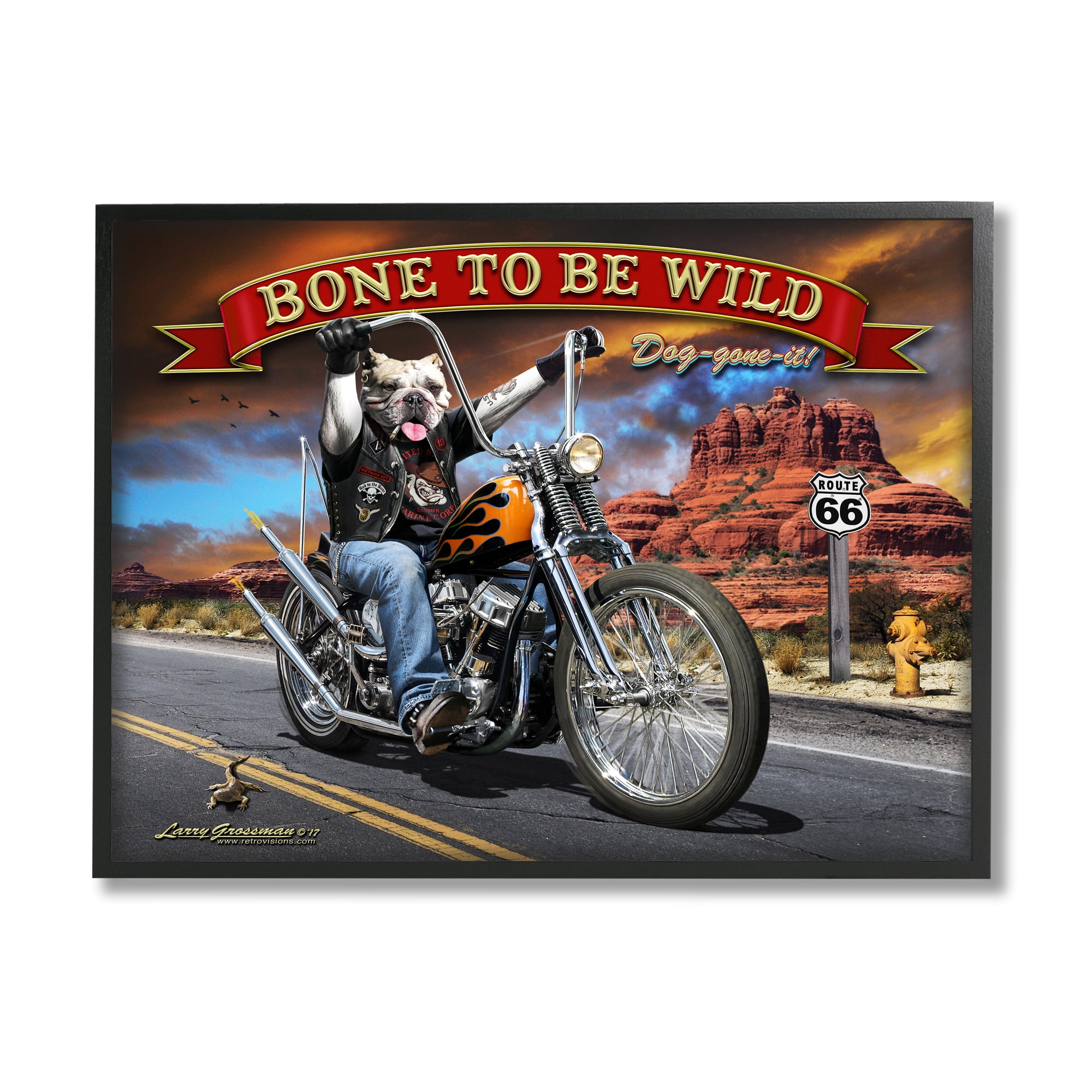 Stupell Industries Bone Wild Motorcycle Dog Transportation Painting Black Framed Art Print Wall Art, 14 x 11