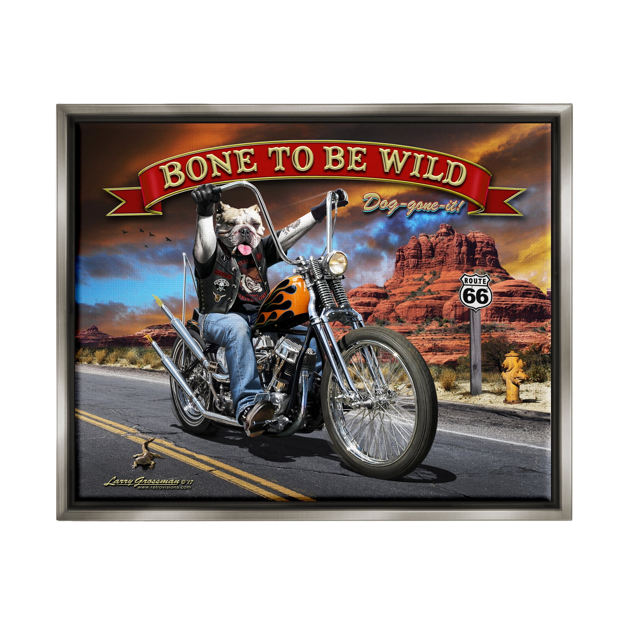 Stupell Industries Bone Wild Motorcycle Dog Transportation Painting Gray Floater Framed Canvas Art Print Wall Art, 21 x 17