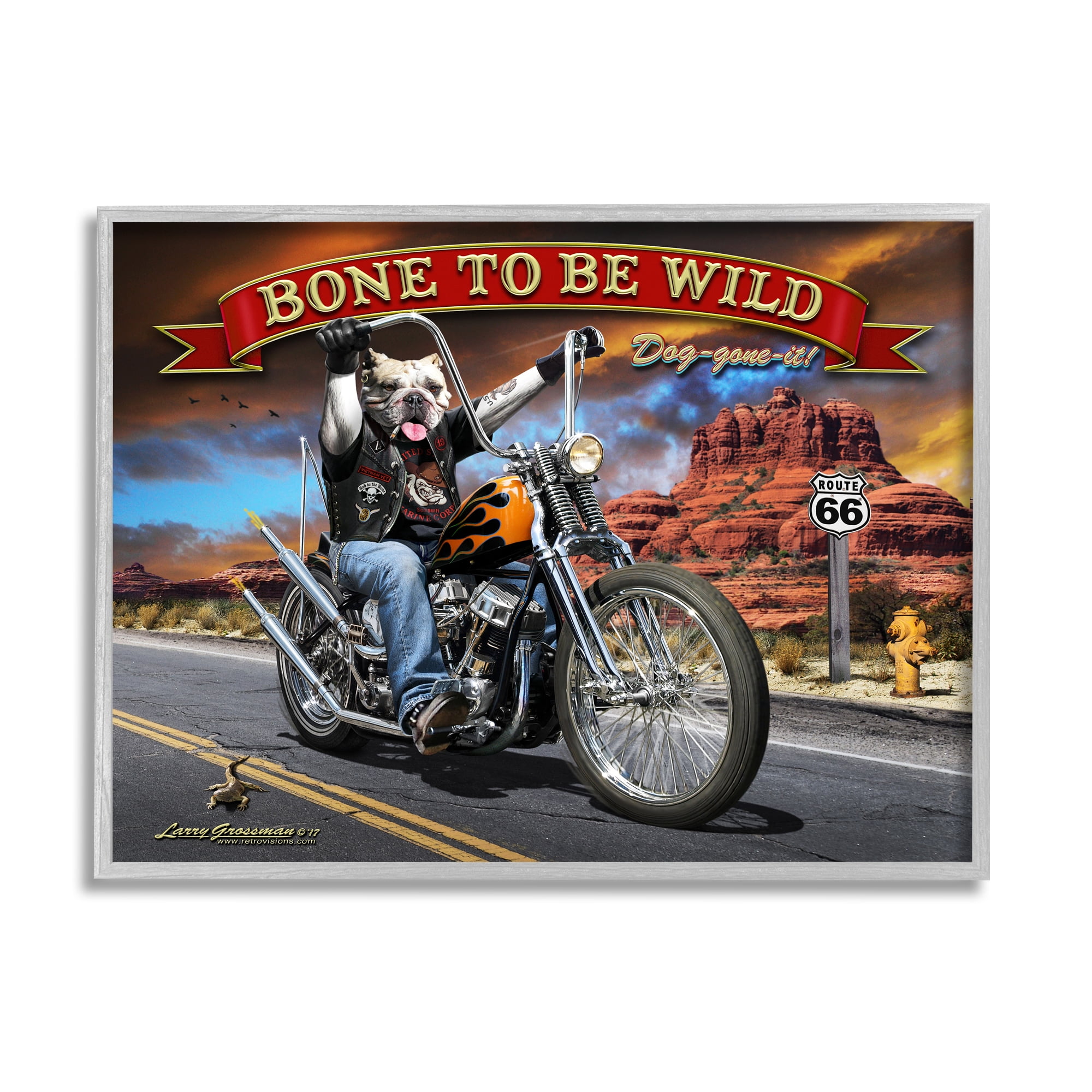 Stupell Industries Bone Wild Motorcycle Dog Transportation Painting Gray Framed Art Print Wall Art, 30 x 24