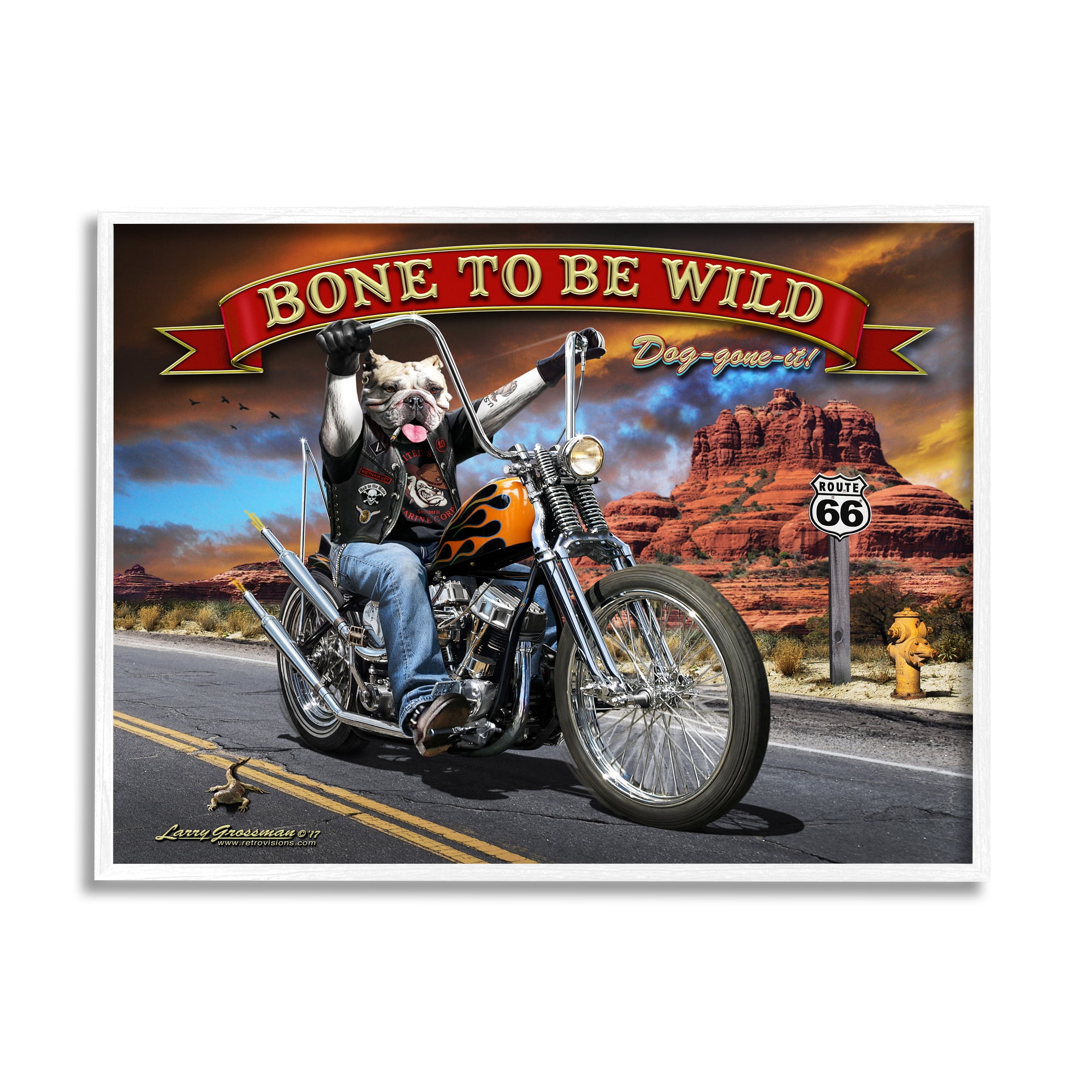 Stupell Industries Bone Wild Motorcycle Dog Transportation Painting White Framed Art Print Wall Art, 20 x 16