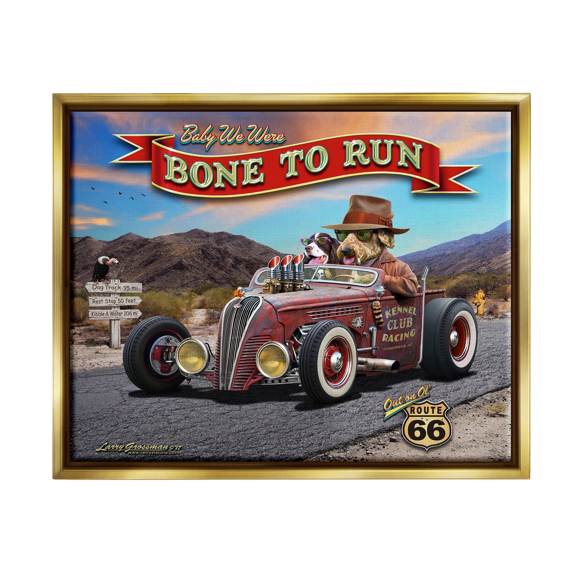 Stupell Industries Bone to Run Dogs Transportation Painting Gold Floater Framed Canvas Art Print Wall Art, 31 x 25