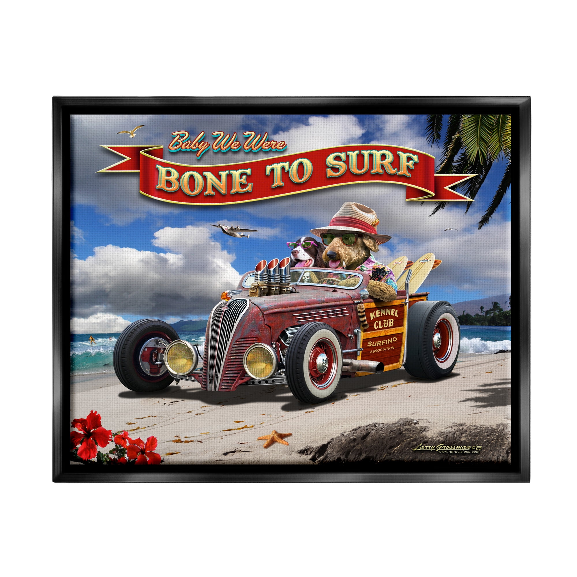 Stupell Industries Bone to Surf Dogs Transportation Painting Black Floater Framed Canvas Art Print Wall Art, 31 x 25