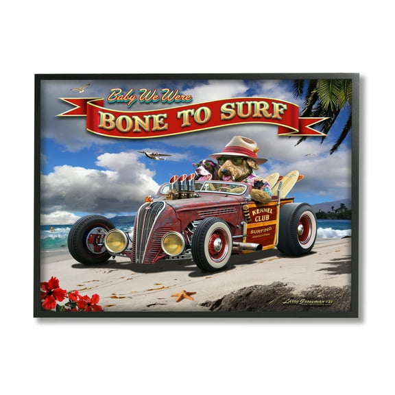 Stupell Industries Bone to Surf Dogs Transportation Painting Black Framed Art Print Wall Art, 14 x 11