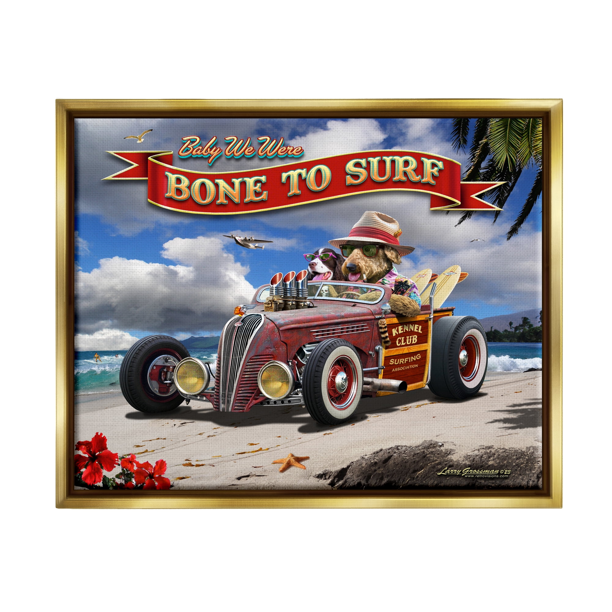 Stupell Industries Bone to Surf Dogs Transportation Painting Gold Floater Framed Canvas Art Print Wall Art, 21 x 17