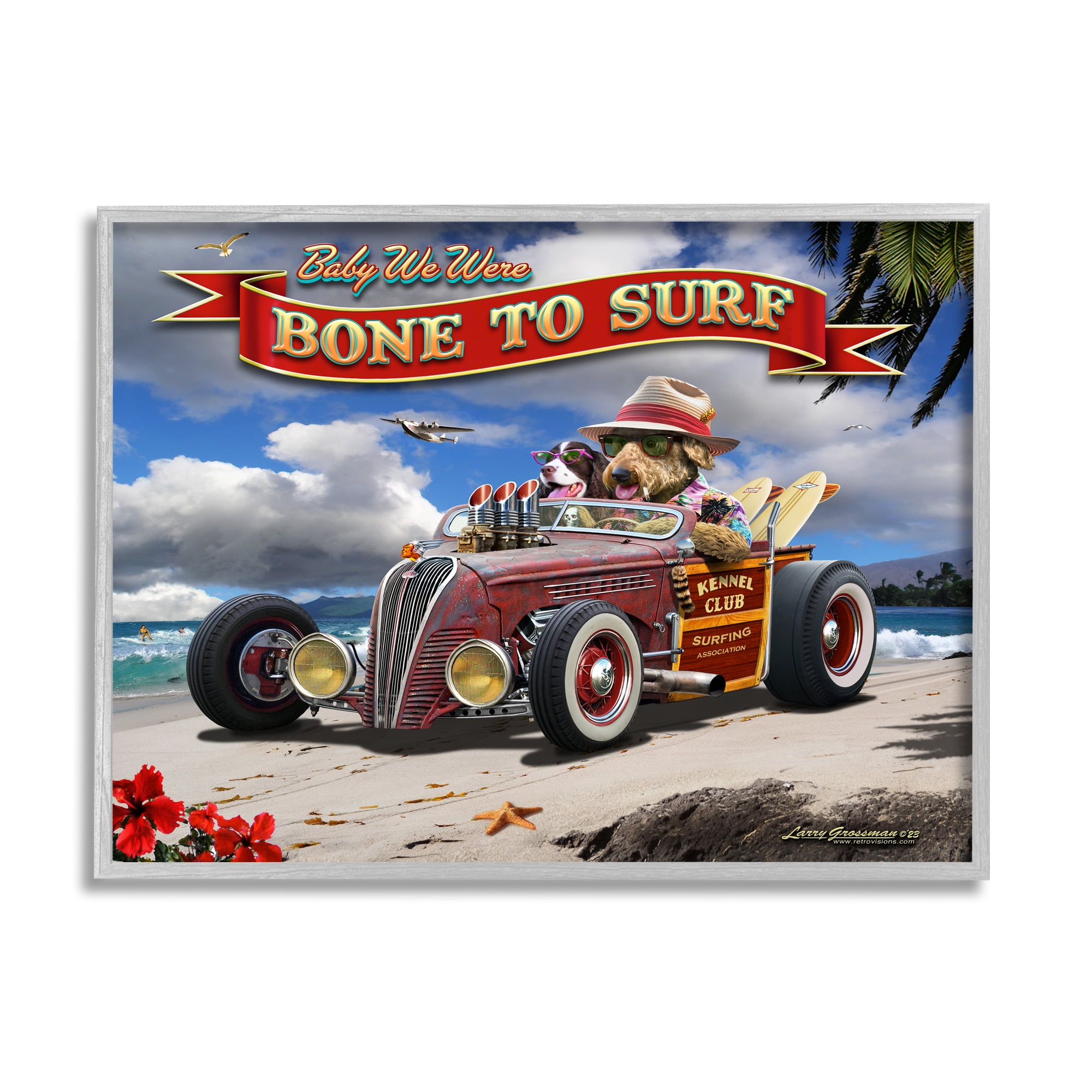 Stupell Industries Bone to Surf Dogs Transportation Painting Gray Framed Art Print Wall Art, 30 x 24