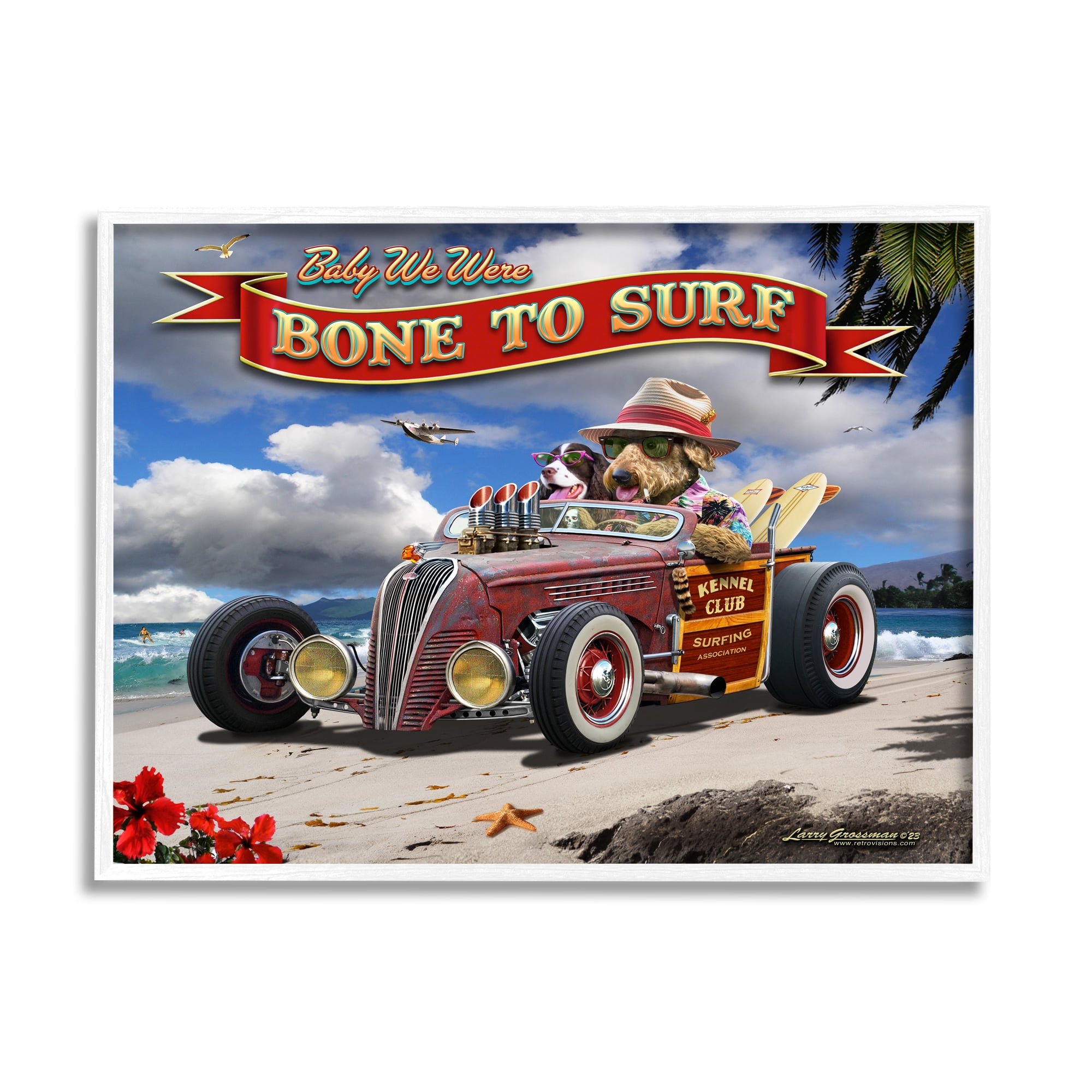 Stupell Industries Bone to Surf Dogs Transportation Painting White Framed Art Print Wall Art, 30 x 24