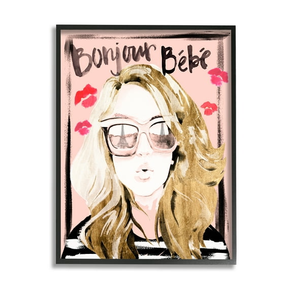 Stupell Industries Bonjour Bebe Sentiment Glam Parisian Woman Pink Shades Beauty & Fashion Painting Black Framed Art Print Wall Art, 11 x 14