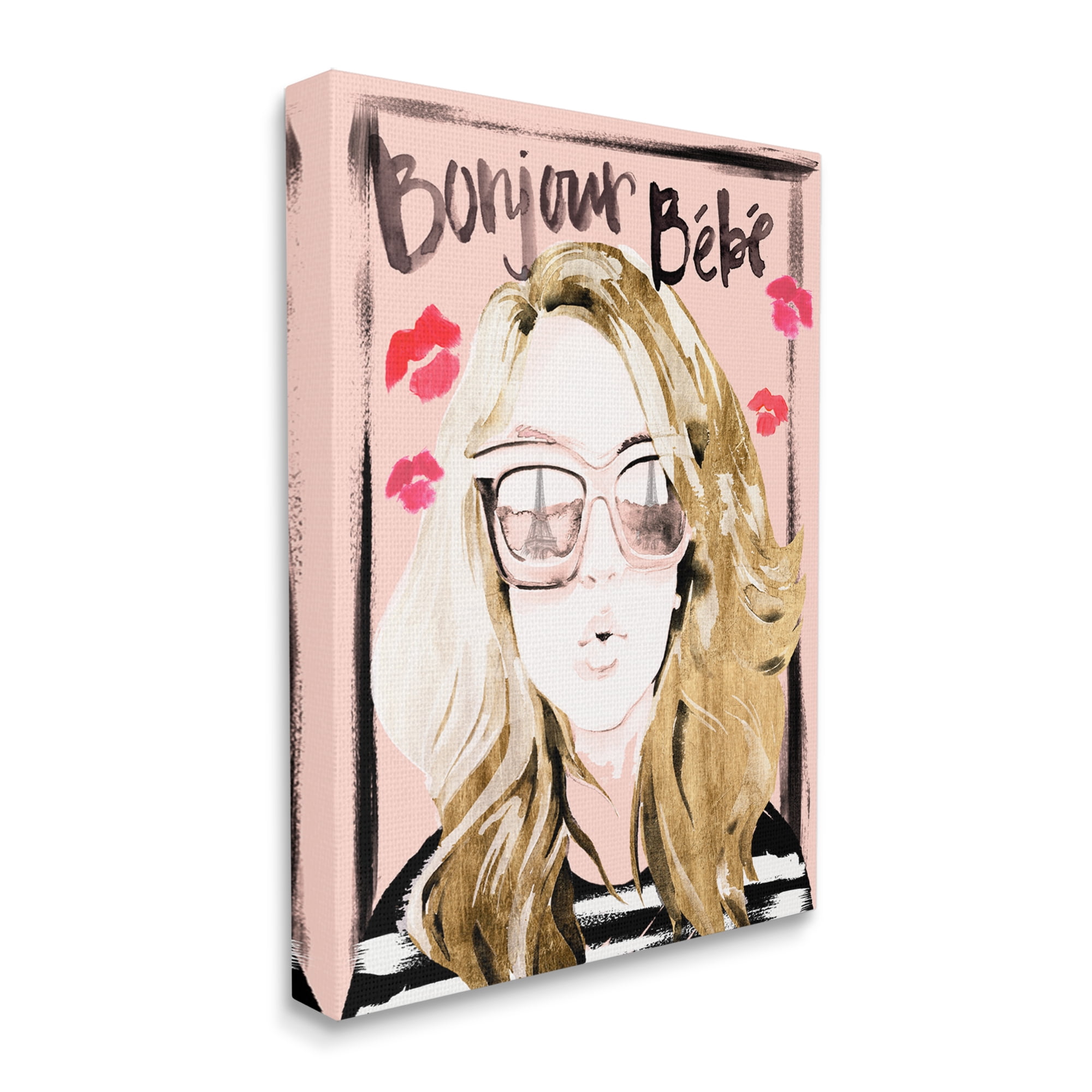 Stupell Industries Bonjour Bebe Sentiment Glam Parisian Woman Pink Shades Beauty & Fashion Painting Gallery Wrapped Canvas Print Wall Art, 36 x 48