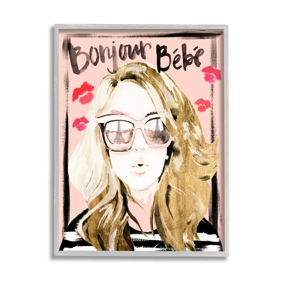 Stupell Industries Bonjour Bebe Sentiment Glam Parisian Woman Pink Shades Beauty & Fashion Painting Gray Framed Art Print Wall Art, 11 x 14