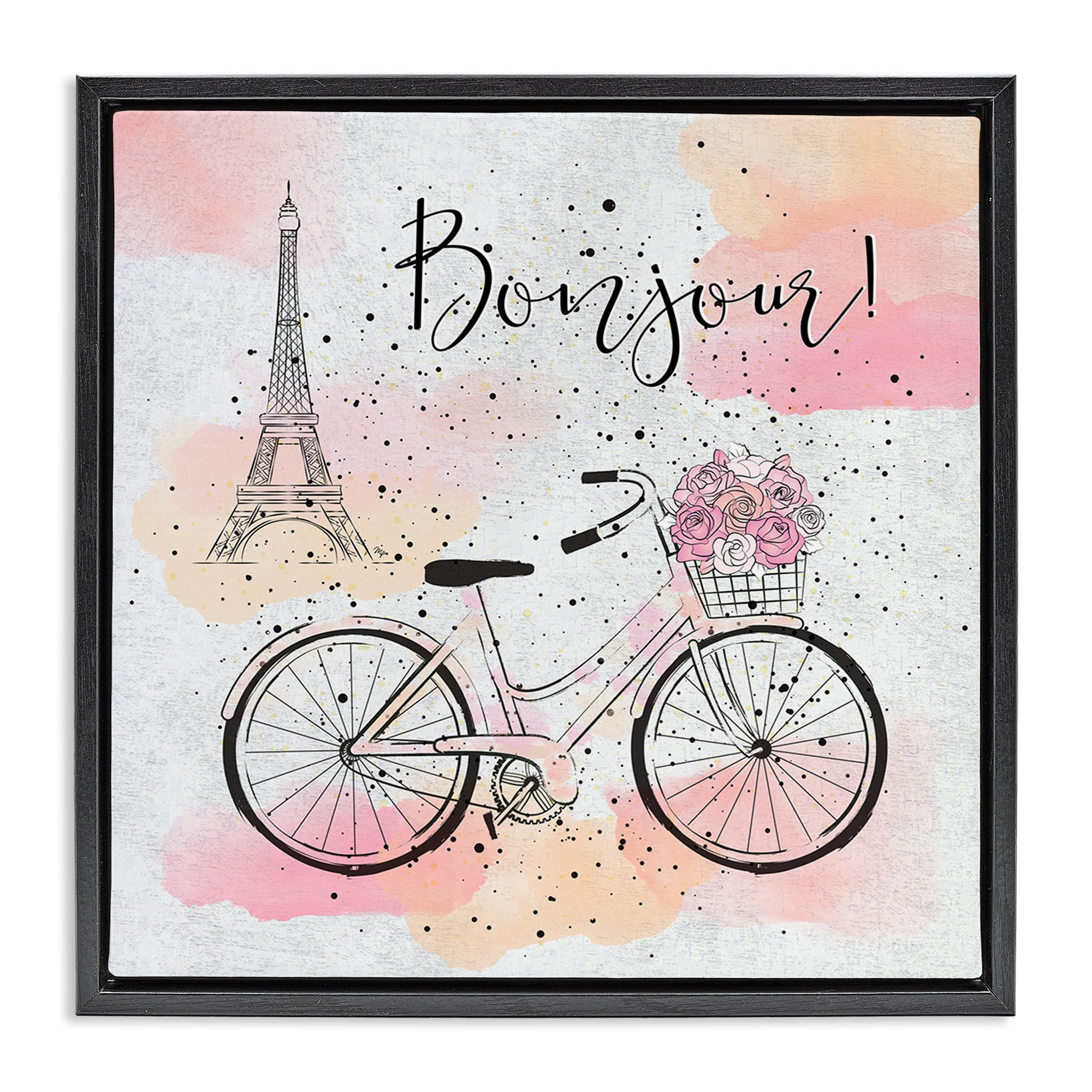 Stupell Industries Bonjour Paris & Bicycle Town & City Painting Black Floater Framed Art Print Wall Art, 18 x 18