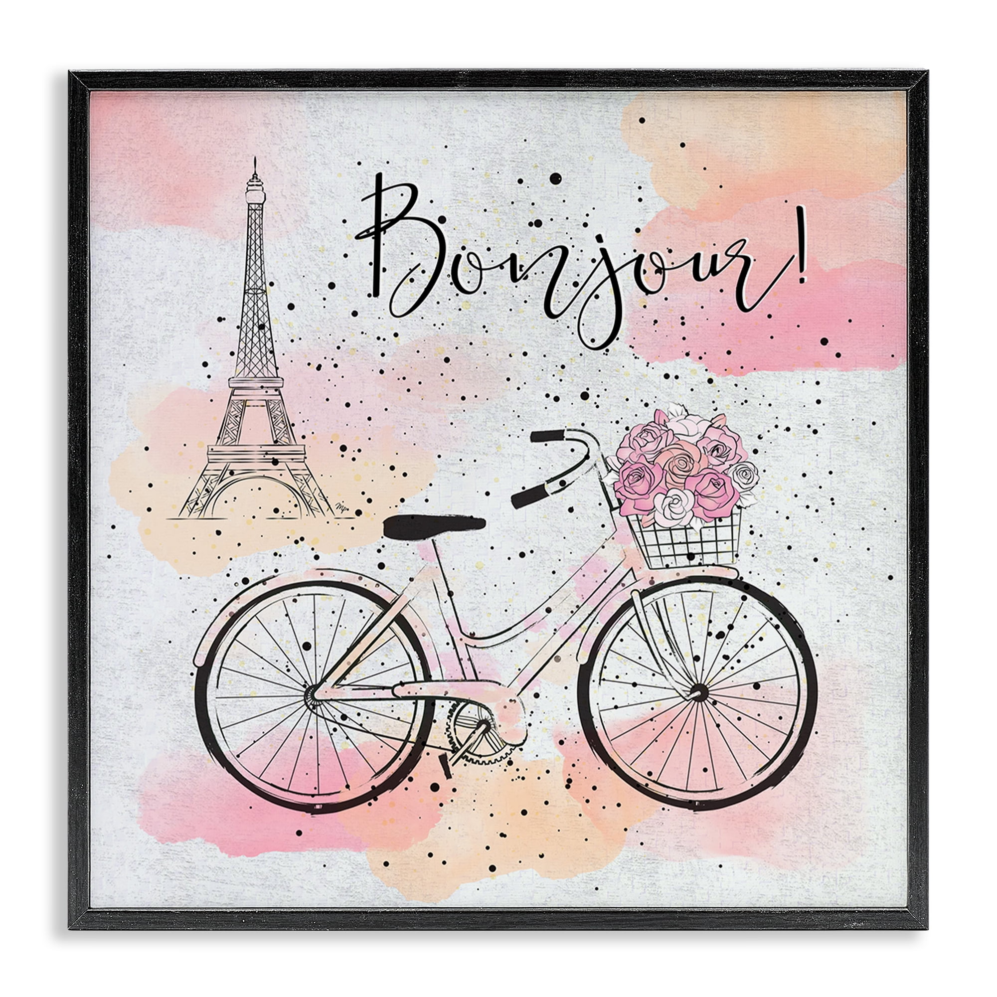Stupell Industries Bonjour Paris & Bicycle Town & City Painting Black Framed Art Print Wall Art, 24 x 24