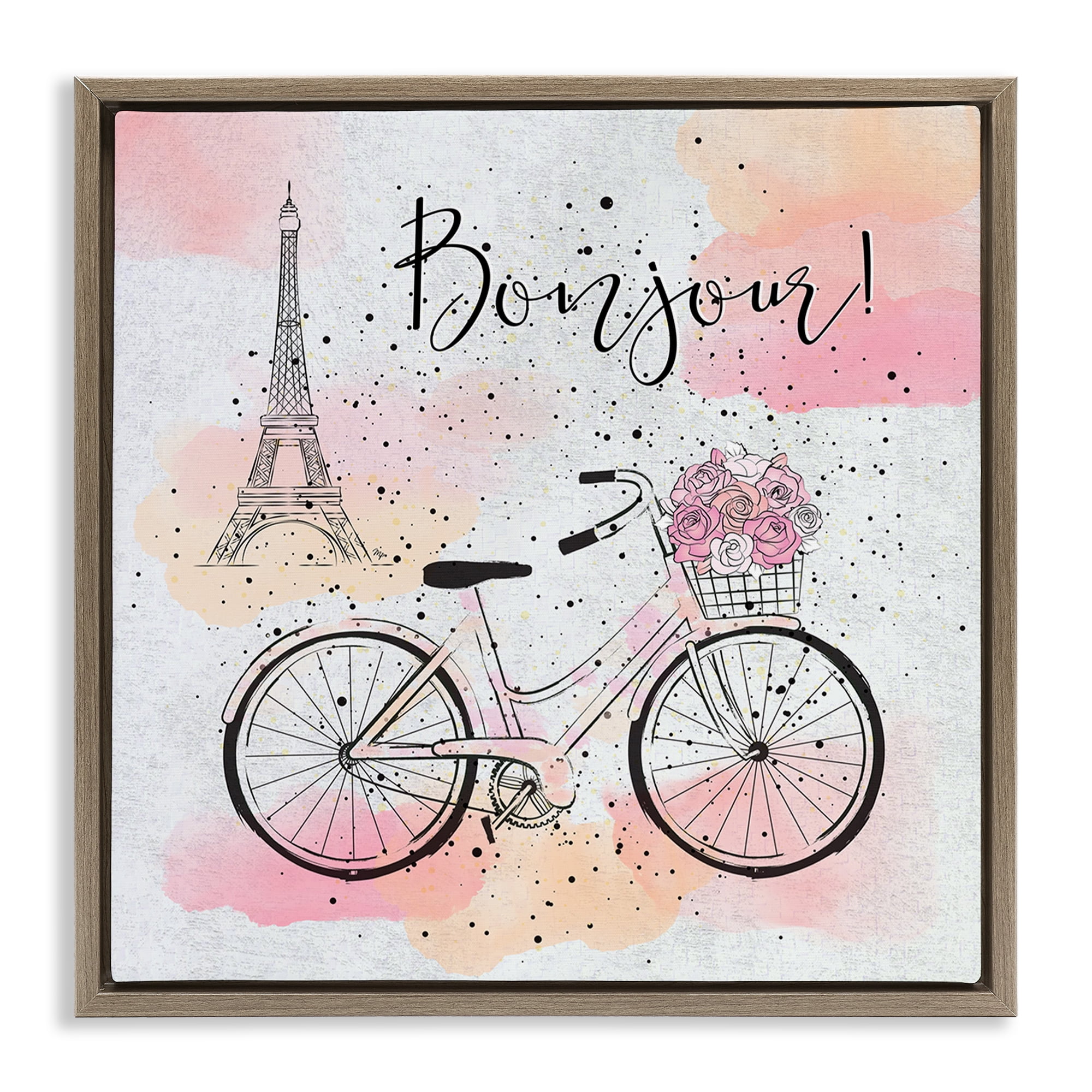 Stupell Industries Bonjour Paris & Bicycle Town & City Painting Brown Floater Framed Art Print Wall Art, 18 x 18