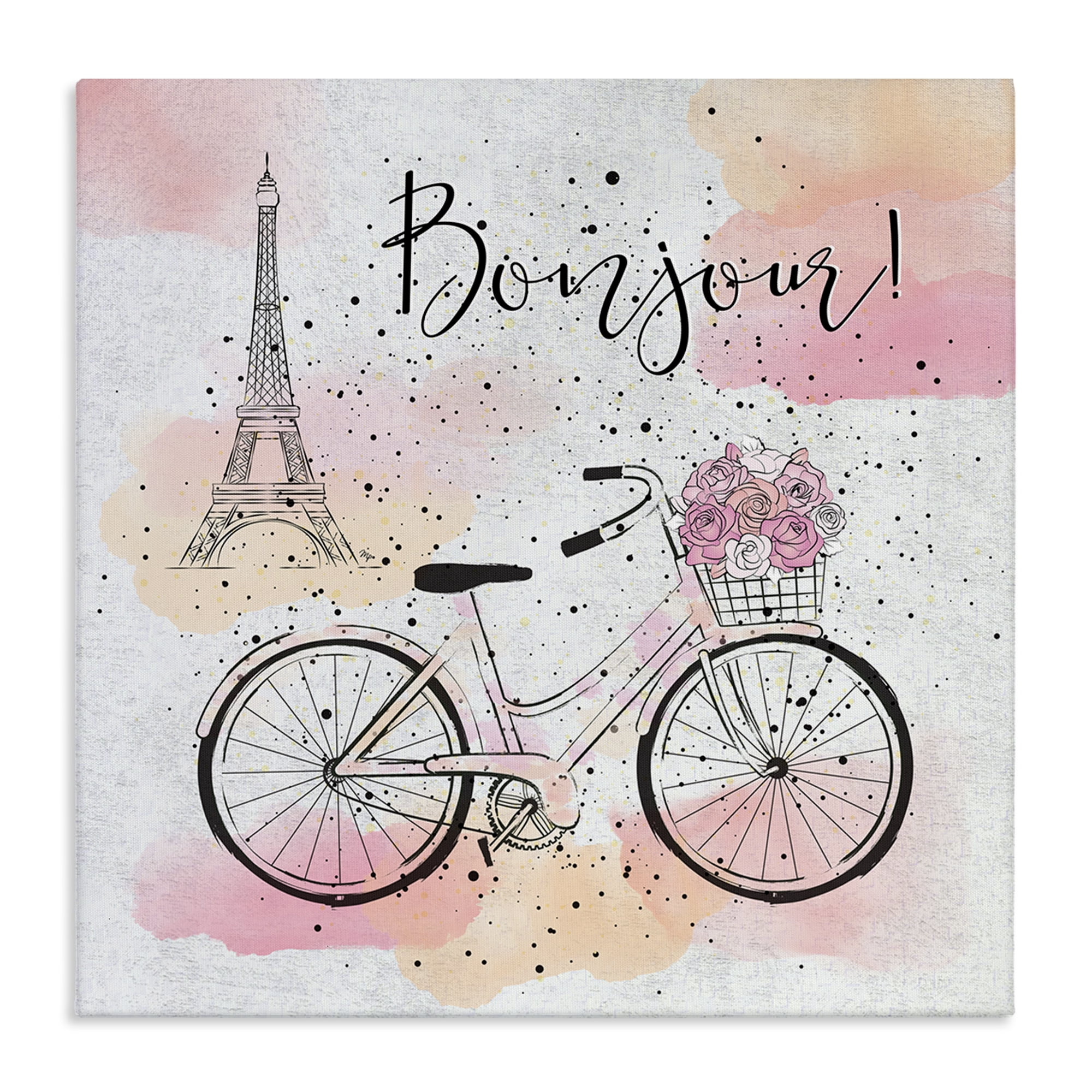 Stupell Industries Bonjour Paris & Bicycle Town & City Painting Gallery Wrapped Canvas Art Print Wall Art, 30 x 30