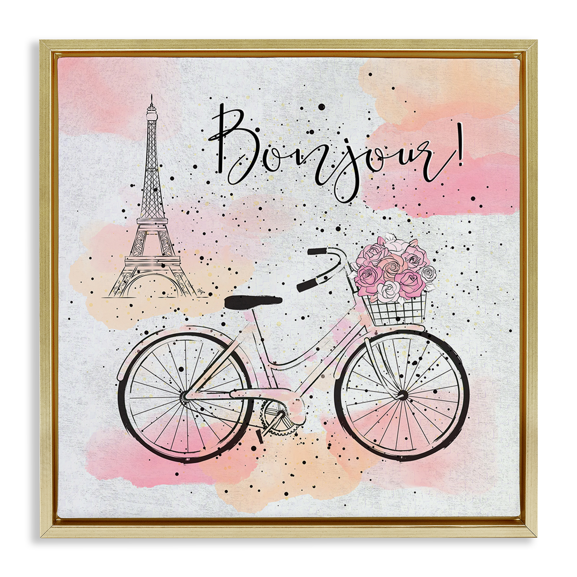 Stupell Industries Bonjour Paris & Bicycle Town & City Painting Gold Floater Framed Art Print Wall Art, 18 x 18